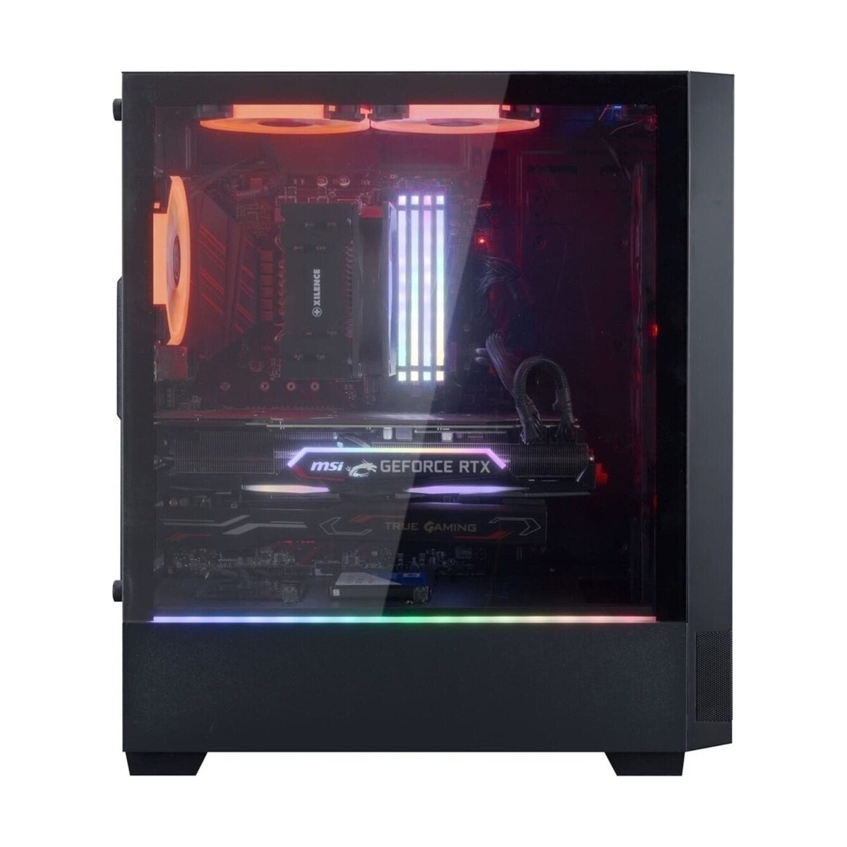 Ein Computergehäuse mit internen Komponenten wird von bunten Lichtern beleuchtet. Es hat eine Glas-Seitenwand.