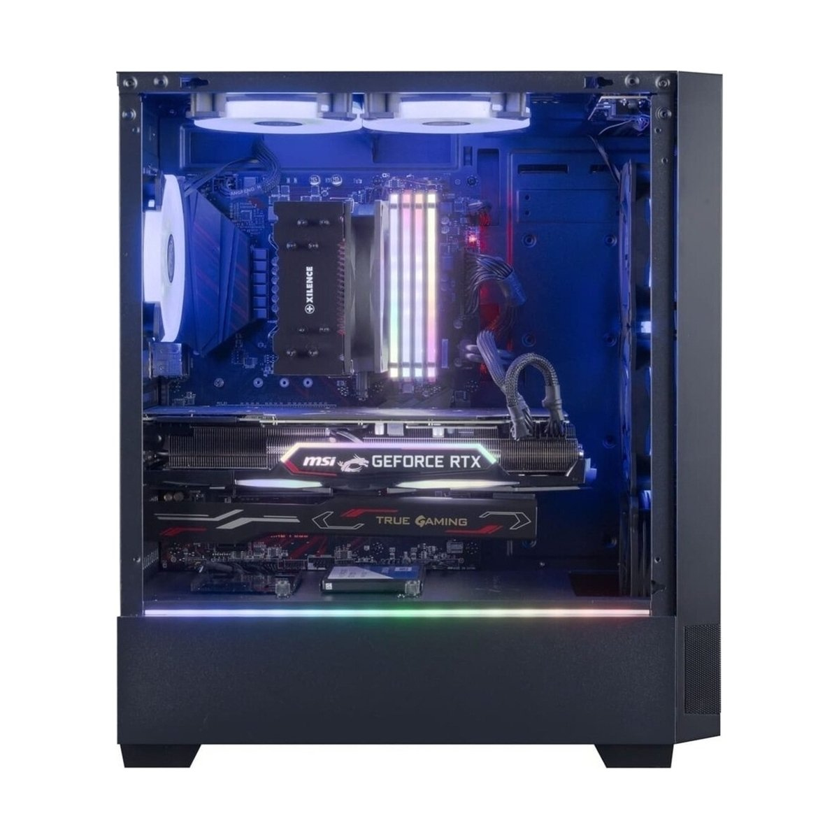 Ein Computergehäuse mit internen Komponenten, die von blauen und weißen Lichtern beleuchtet werden. Komponenten umfassen eine Grafikkarte, Lüfter und einen CPU-Kühler.