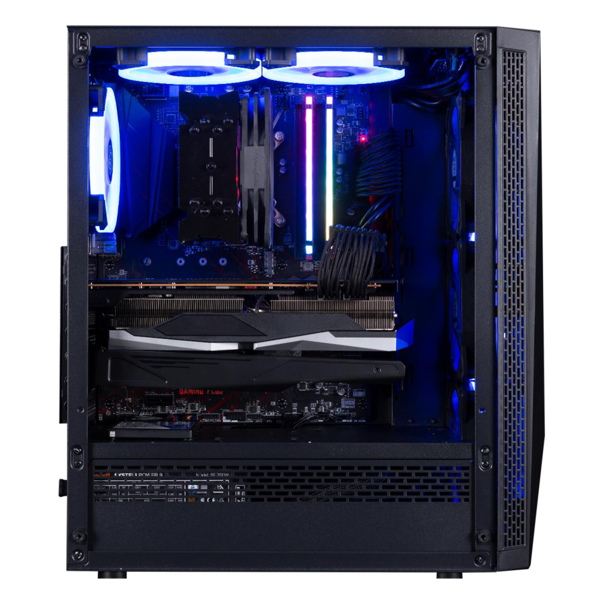 Ein Computerturm mit internen Komponenten, beleuchtet von blauen und weißen Lichtern. Enthält eine Grafikkarte, Lüfter und andere Hardware.