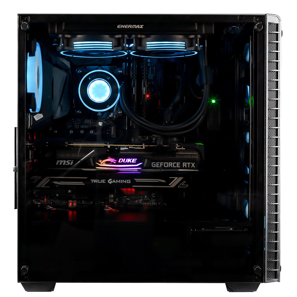 Ein Computergehäuse mit internen Komponenten ist sichtbar. Es hat Lüfter mit blauen Lichtern. Es gibt eine Grafikkarte mit dem Wort 'DUKE'.