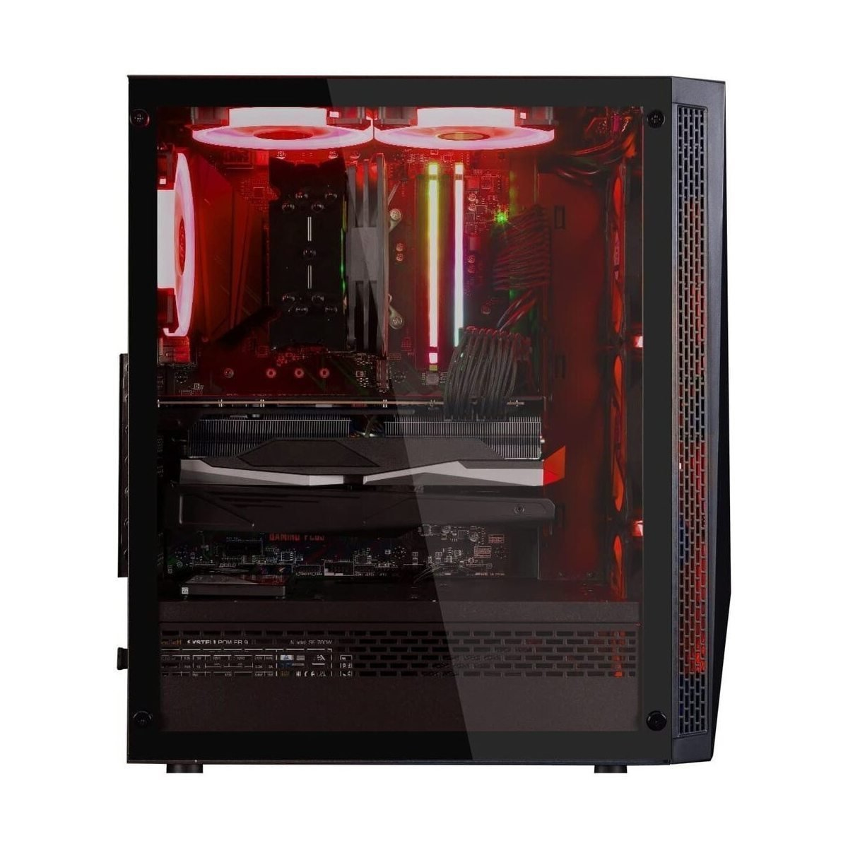 Ein Computergehäuse mit roten und weißen Lichtern. Zu sehen sind Lüfter, eine Grafikkarte und das Motherboard.
