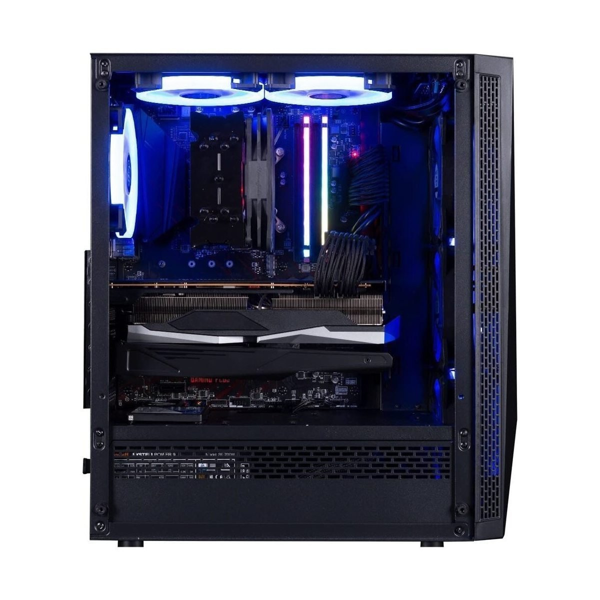 Ein Computergehäuse mit internen Komponenten, die von blauen und weißen Lichtern beleuchtet werden. Komponenten umfassen CPU-Kühler, GPU, RAM und Motherboard.