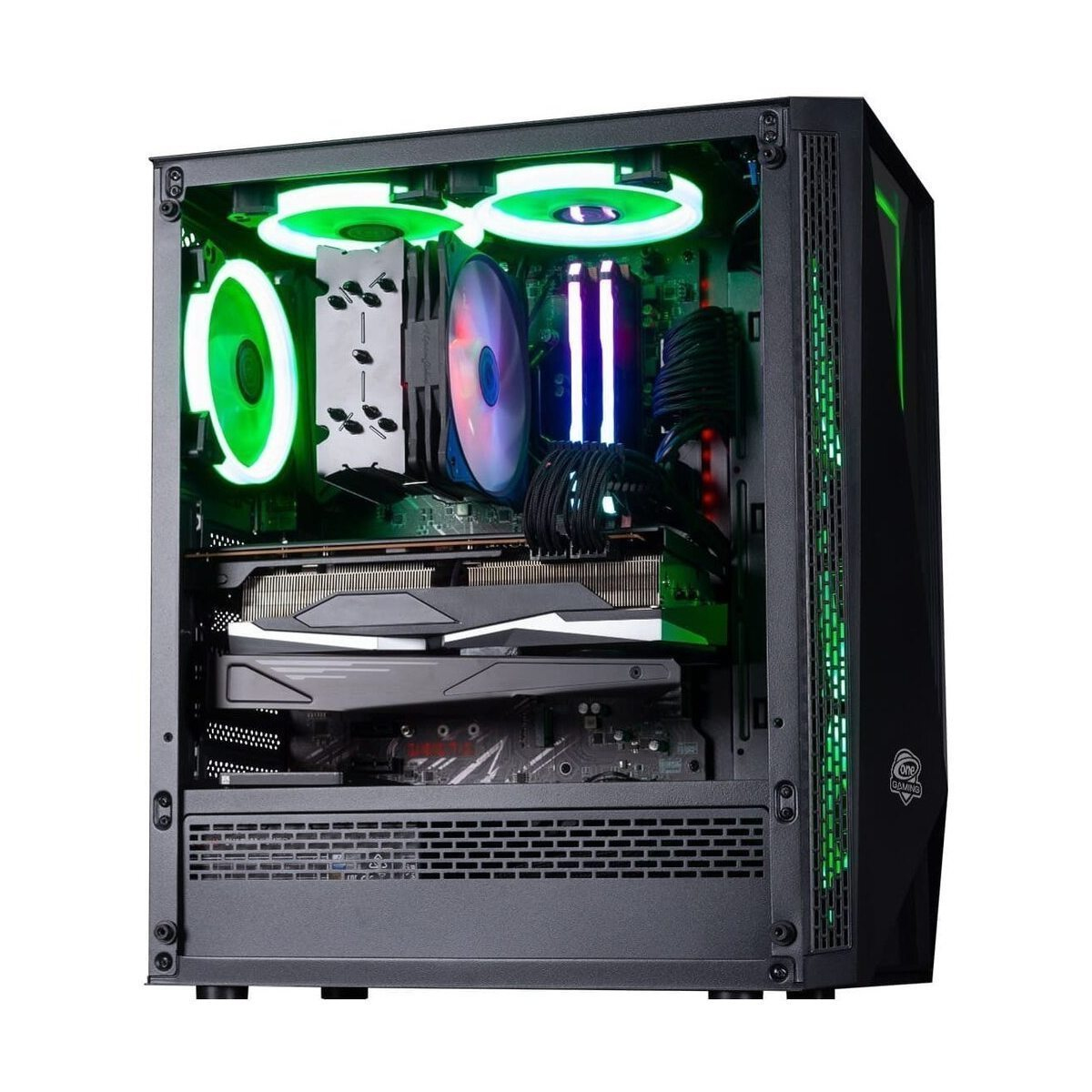 Ein Computergehäuse mit grünen Lichtern. Im Inneren sind Lüfter, ein Kühler und eine Grafikkarte sichtbar. Das Gehäuse ist schwarz.