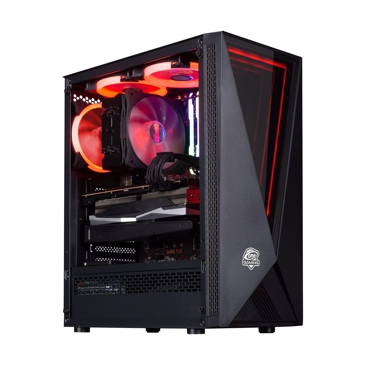 Schwarzer Gaming-PC-Tower mit roter LED-Beleuchtung im Inneren. Komponenten durch das Seitenteil sichtbar. Frontplatte hat ein abgewinkeltes Design.
