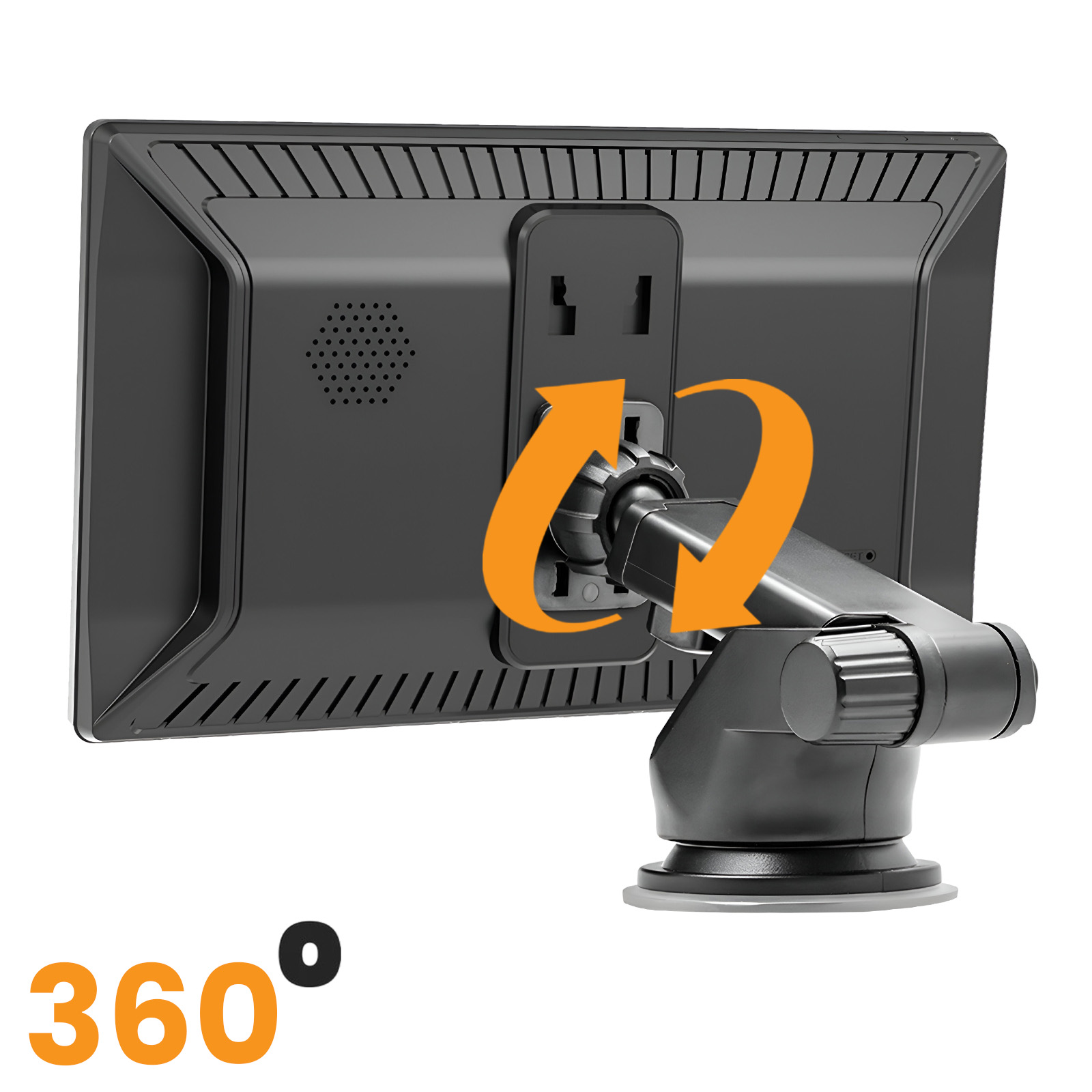 Un moniteur noir avec un support rotatif. Des flèches oranges indiquent une rotation à 360 degrés. Le nombre 360 est orange.