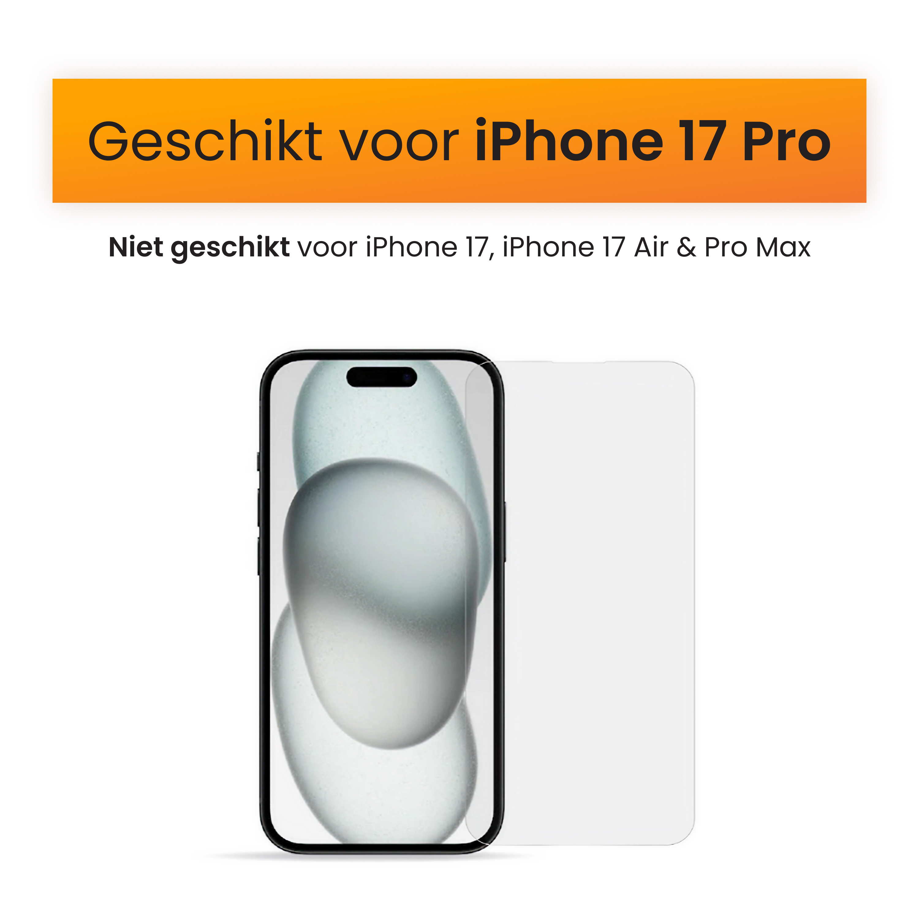 Image shows an iPhone with a screen protector. Text indicates it fits iPhone 17 Pro, not other models.