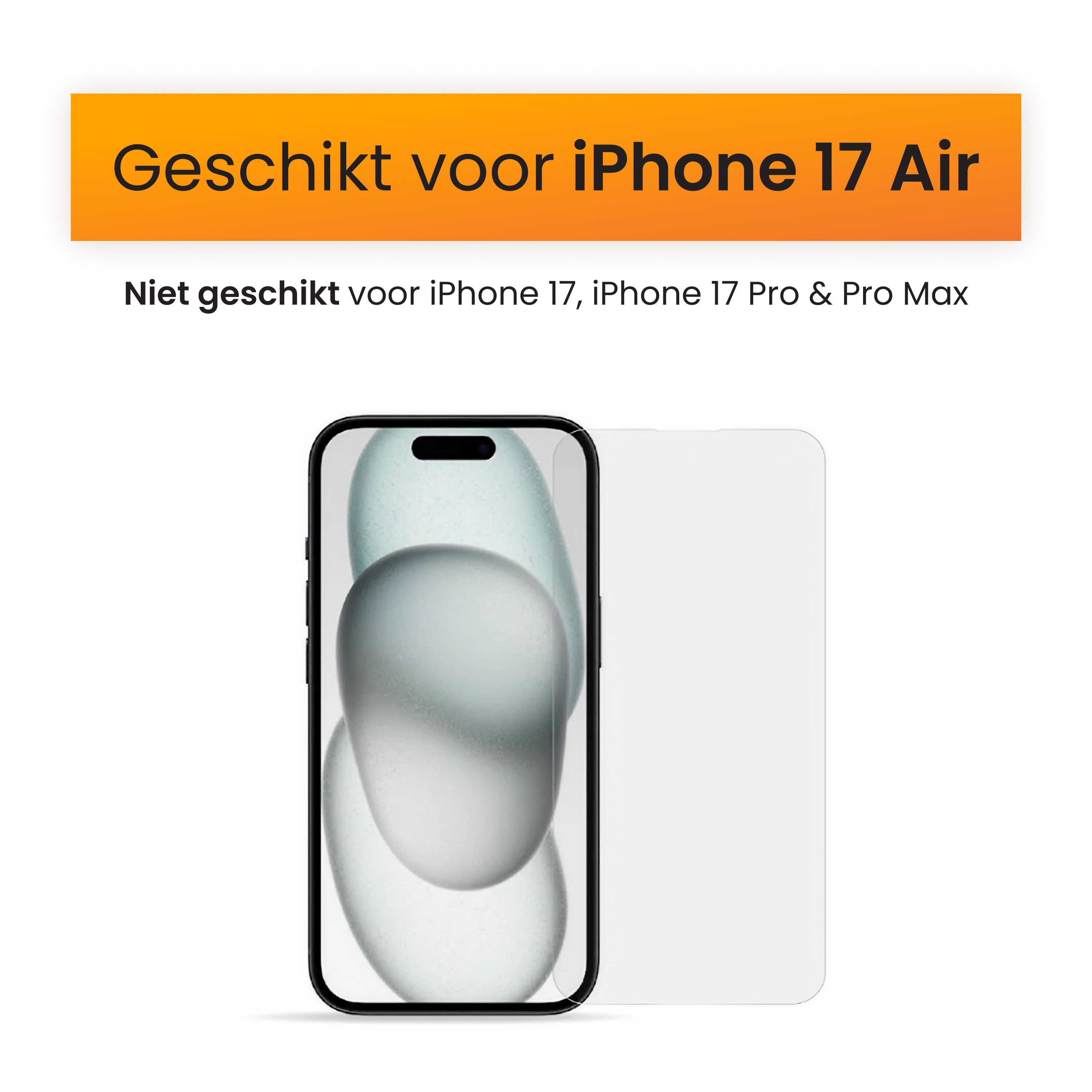 Image shows an iPhone with a screen protector. Text indicates it fits iPhone 17 Air, not iPhone 17, Pro, or Pro Max.