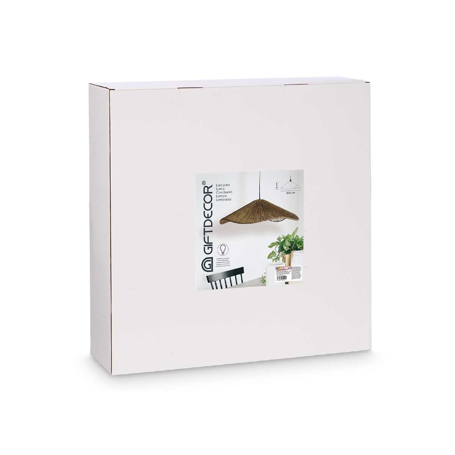 Una caja de cartón blanca con una imagen impresa de una pantalla de lámpara y una planta. La caja tiene el logotipo 'GIFTDECOR' en el lateral.