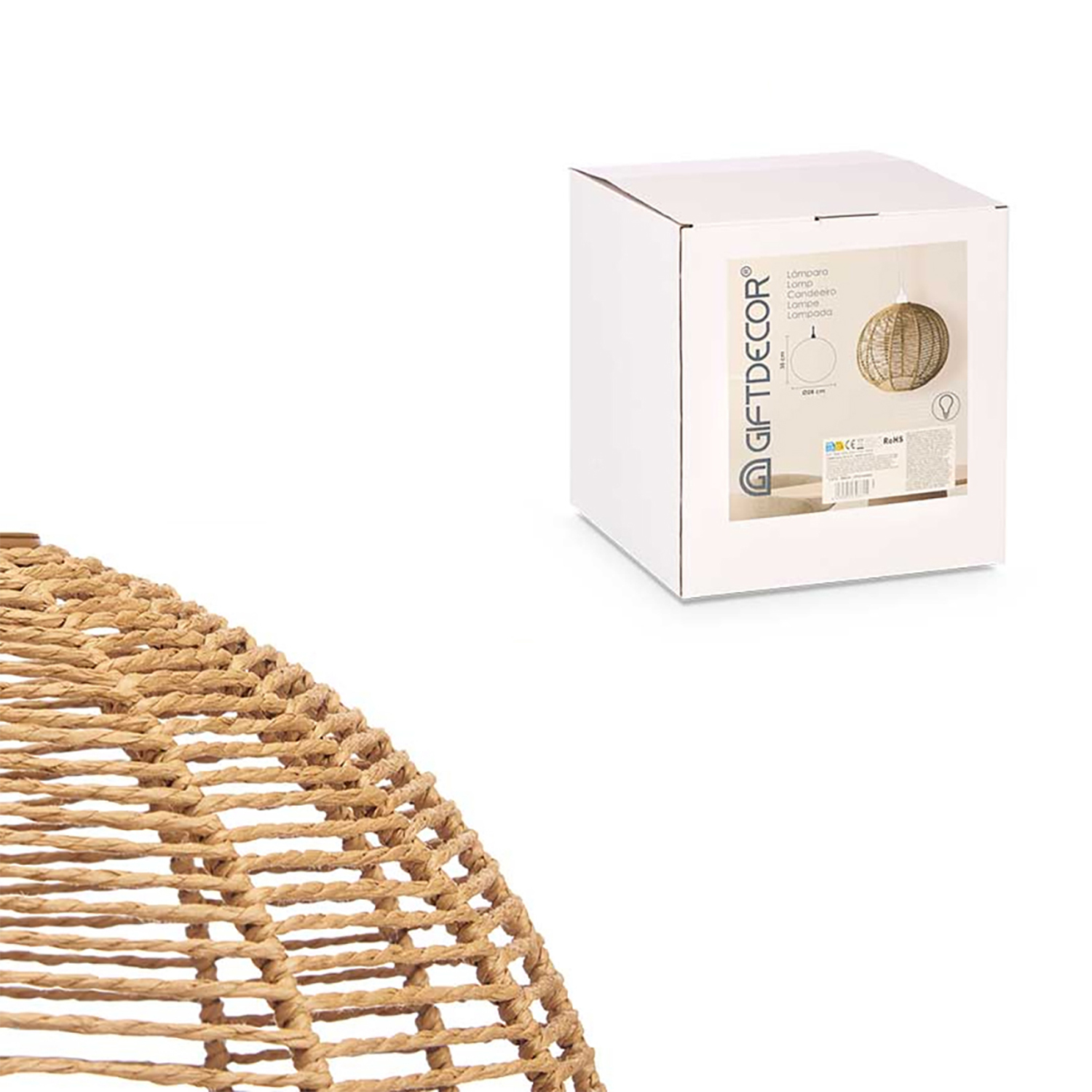 Una pantalla de lámpara tejida y una caja blanca con una imagen de pantalla. La caja tiene la marca GIFTDECOR.