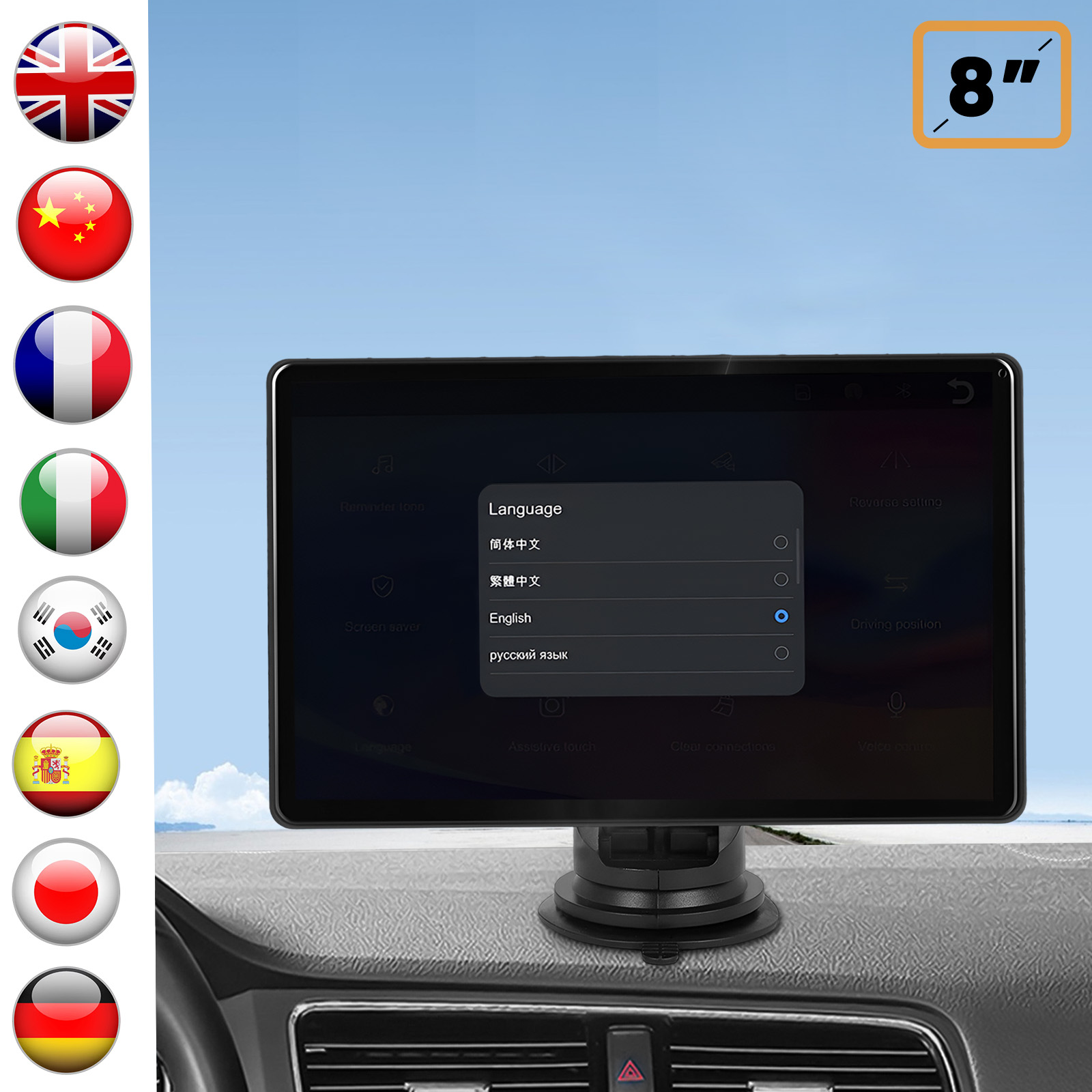 Un écran de voiture de 8 pouces affiche les options de langue, dont l'anglais, sur fond de ciel bleu. Drapeaux à gauche.