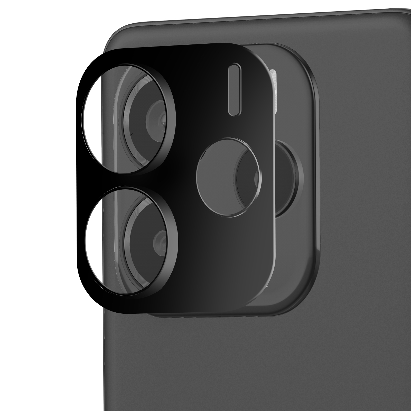 Una vista ravvicinata di una protezione per l'obiettivo della fotocamera del telefono. È nero con più aperture per l'obiettivo e un'apertura rettangolare per il flash.
