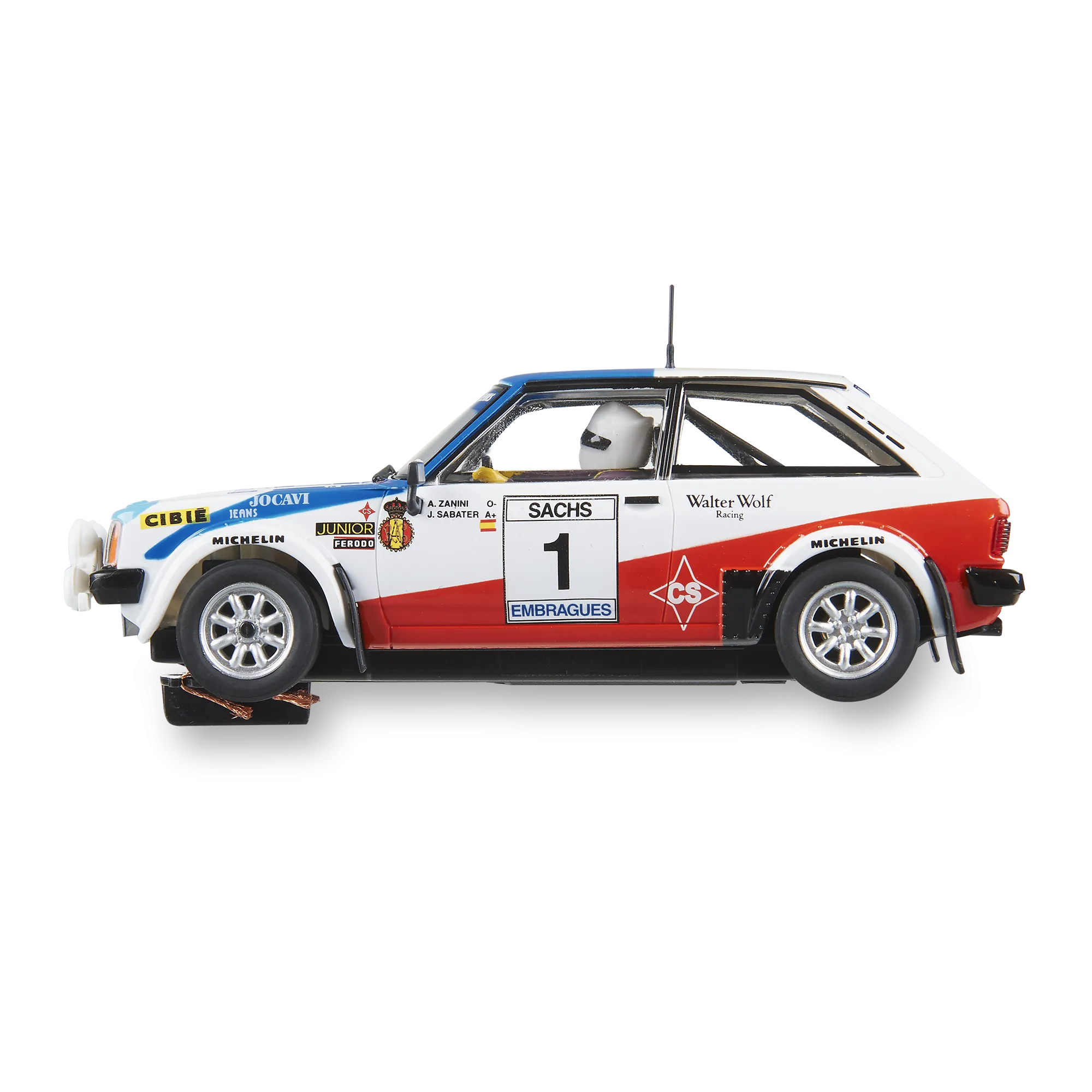 Un modelo de coche de carreras blanco, rojo y azul con el número 1. Tiene logotipos de patrocinadores y un piloto.