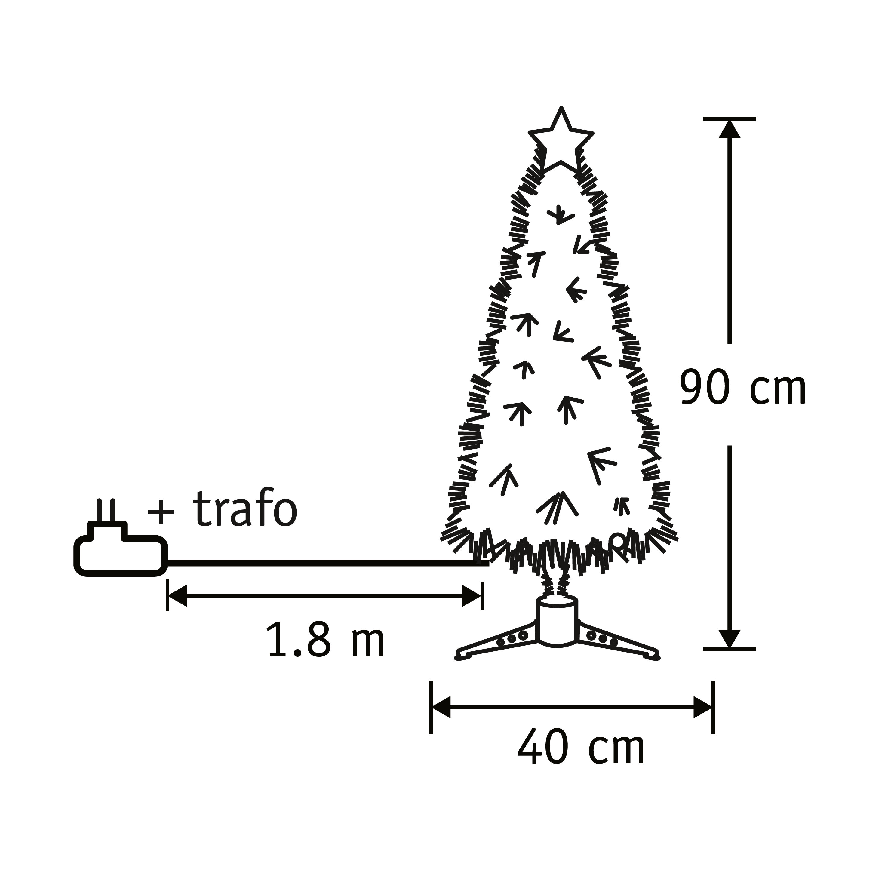 Schéma d'un sapin de Noël avec dimensions. Il a une étoile, 90cm de hauteur, 40cm de largeur et un câble de 1,8m avec transformateur.