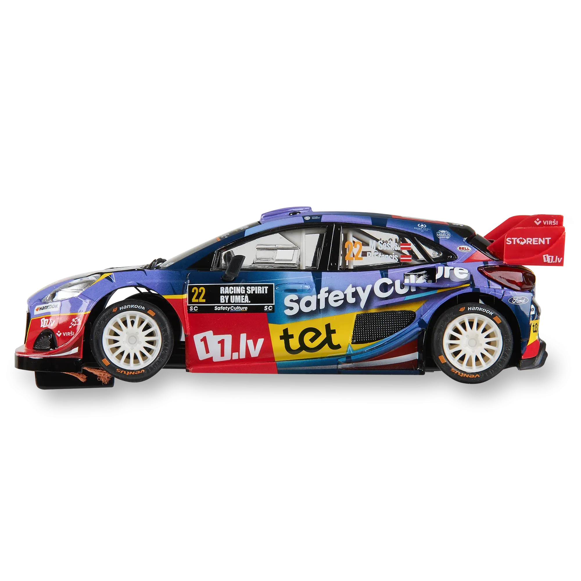 Un modelo de coche de carreras azul, rojo y amarillo. Tiene logotipos de patrocinadores y el número 22. El fondo es negro.