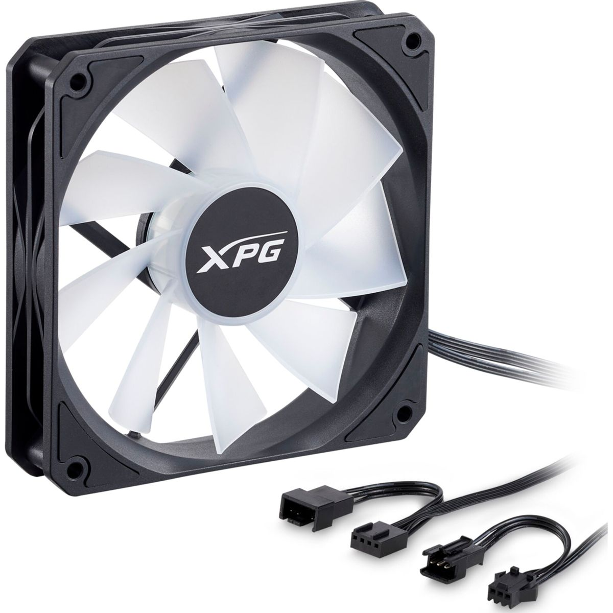 A computer fan with a black frame and white blades. The fan has the XPG logo. Cables and connectors are visible.