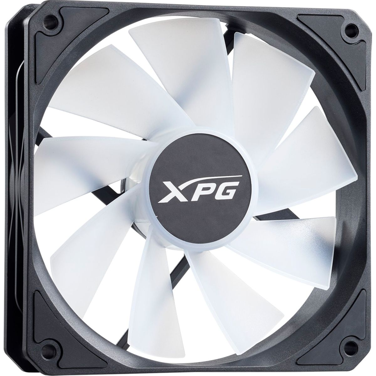 A computer fan with white blades inside a black square frame. The center has a black logo with 'XPG' in white.