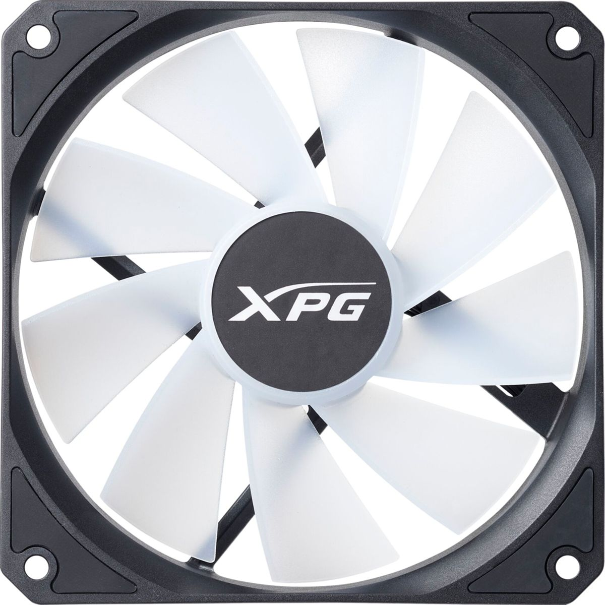 A computer fan with white blades and a black frame. The center has a black circle with 'XPG' in white.
