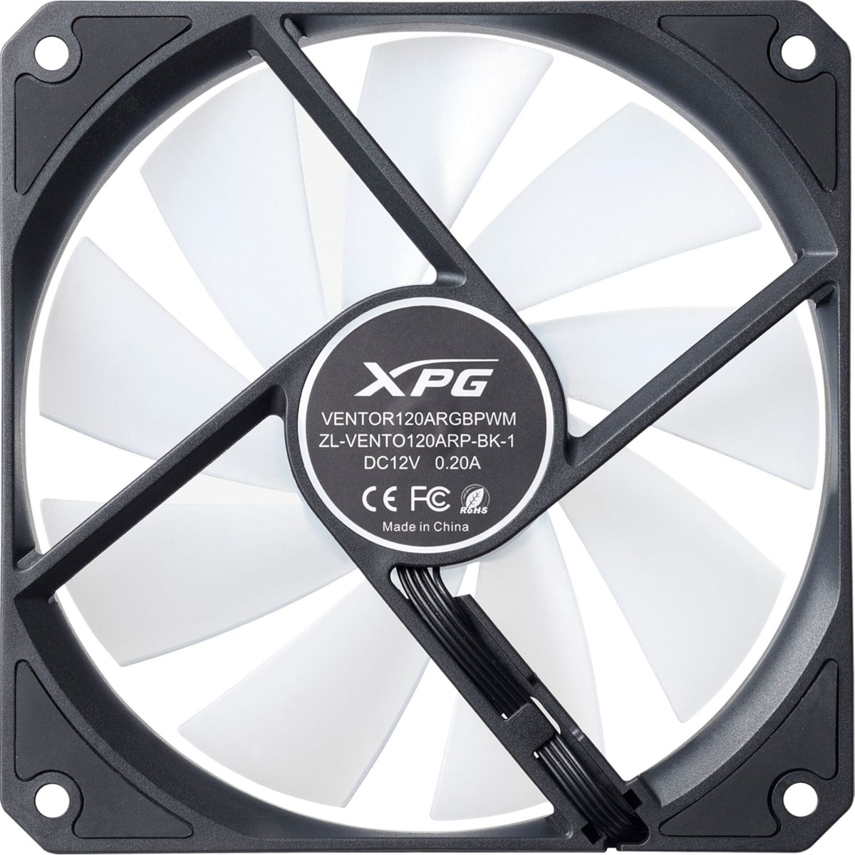 Close-up of a computer fan. It has white blades and a black frame with a central logo. Cables exit from the bottom right.