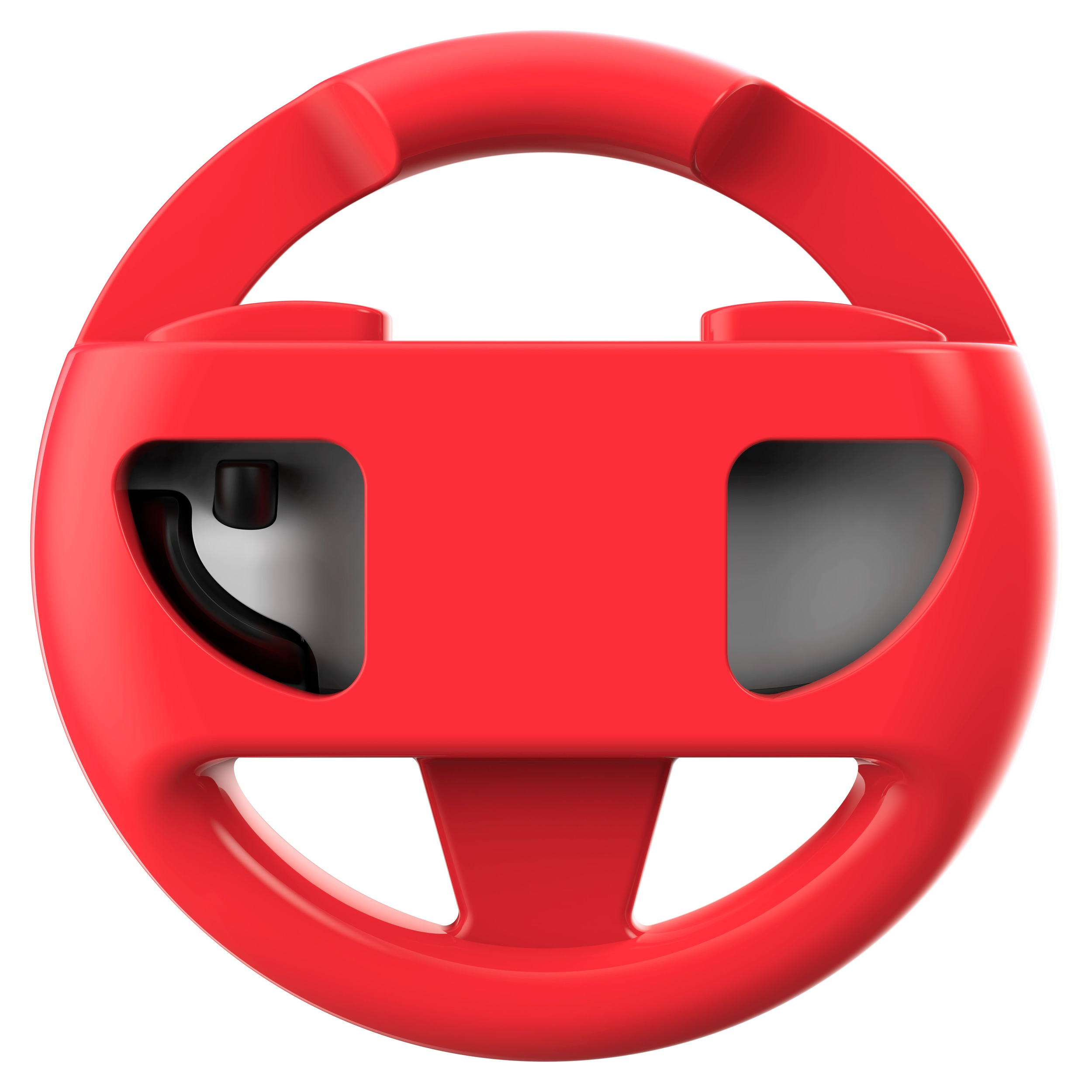 Un volante rojo con diseño circular y dos aberturas rectangulares, aislado sobre fondo blanco.