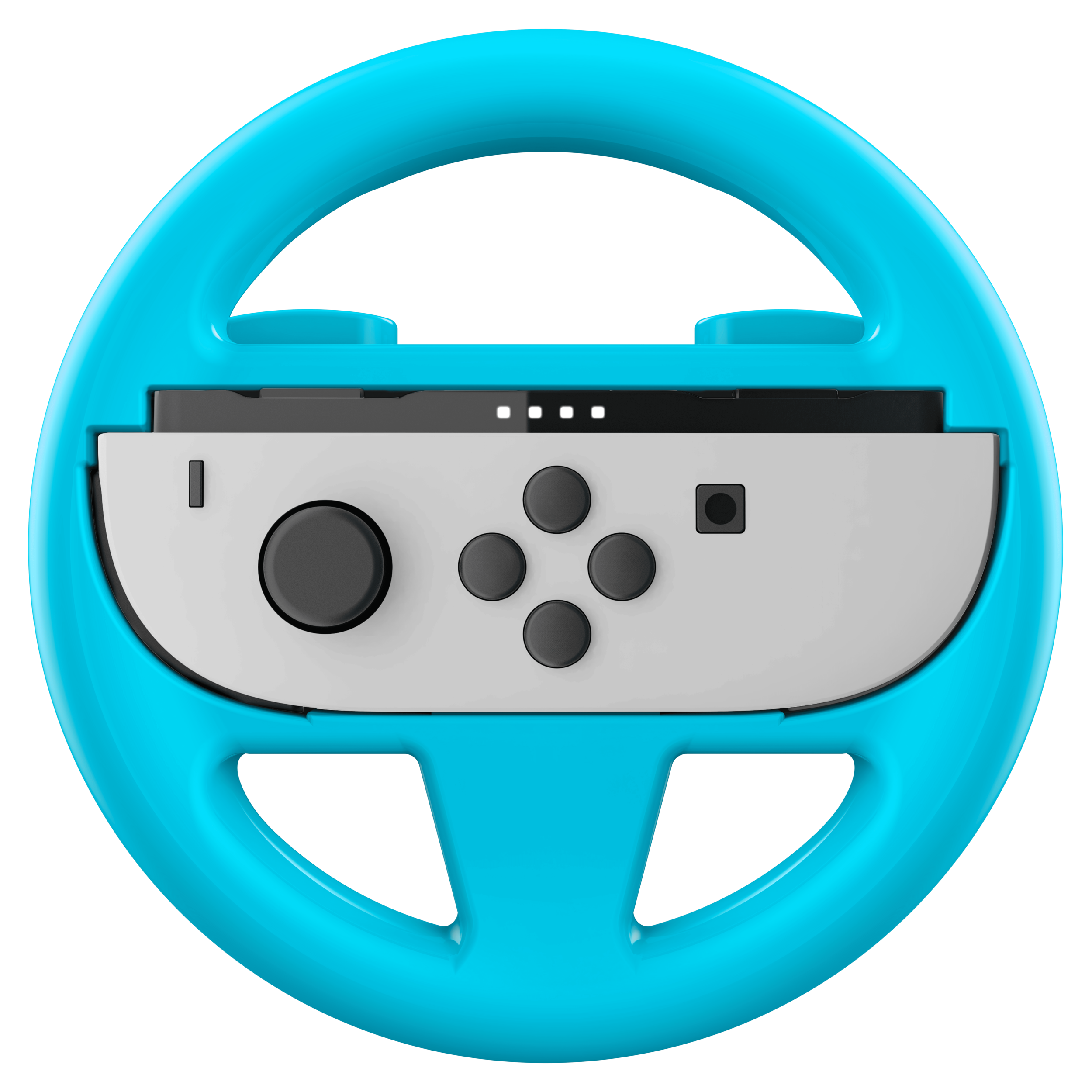 Un volante azul para una consola de juegos con un controlador blanco en el centro, sobre un fondo negro.