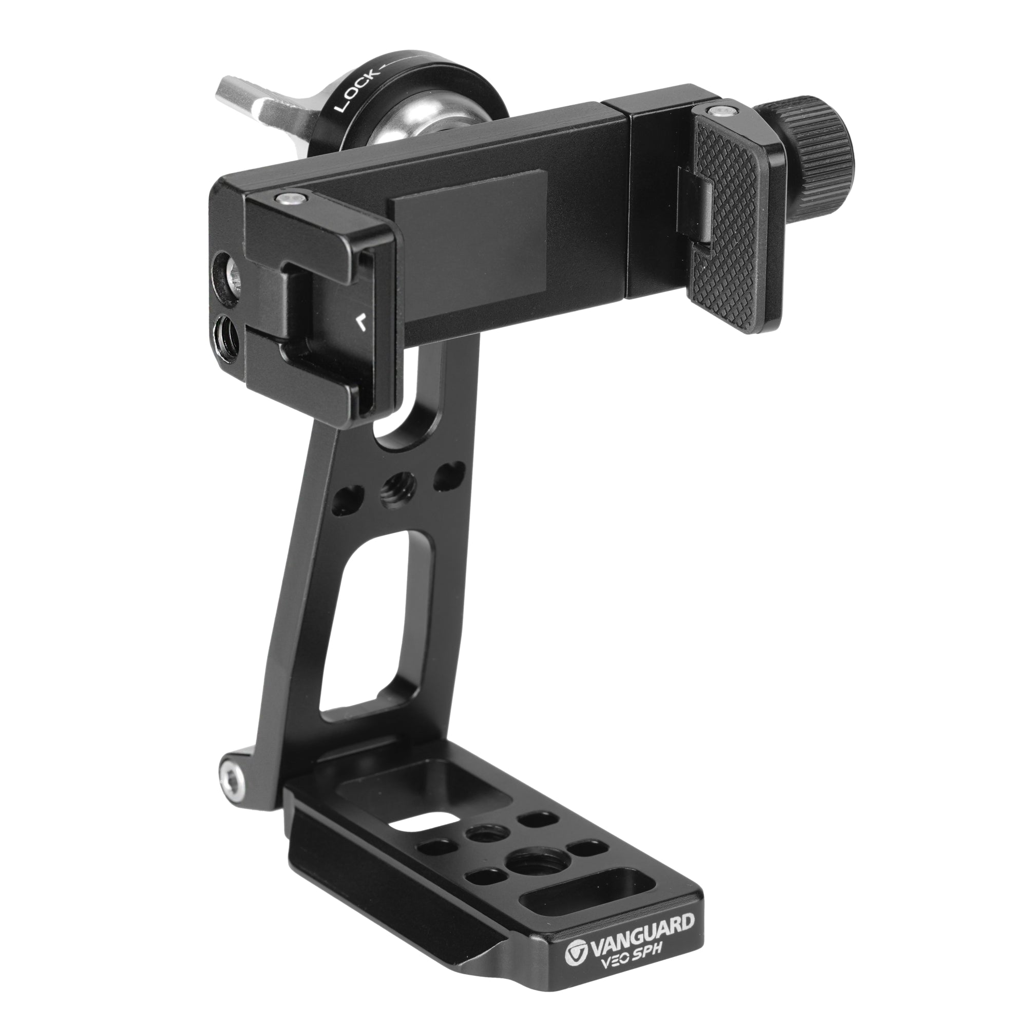 Un soporte negro Vanguard VEO SPH para cámara, con mecanismo de bloqueo y soporte para teléfono, sobre fondo blanco.