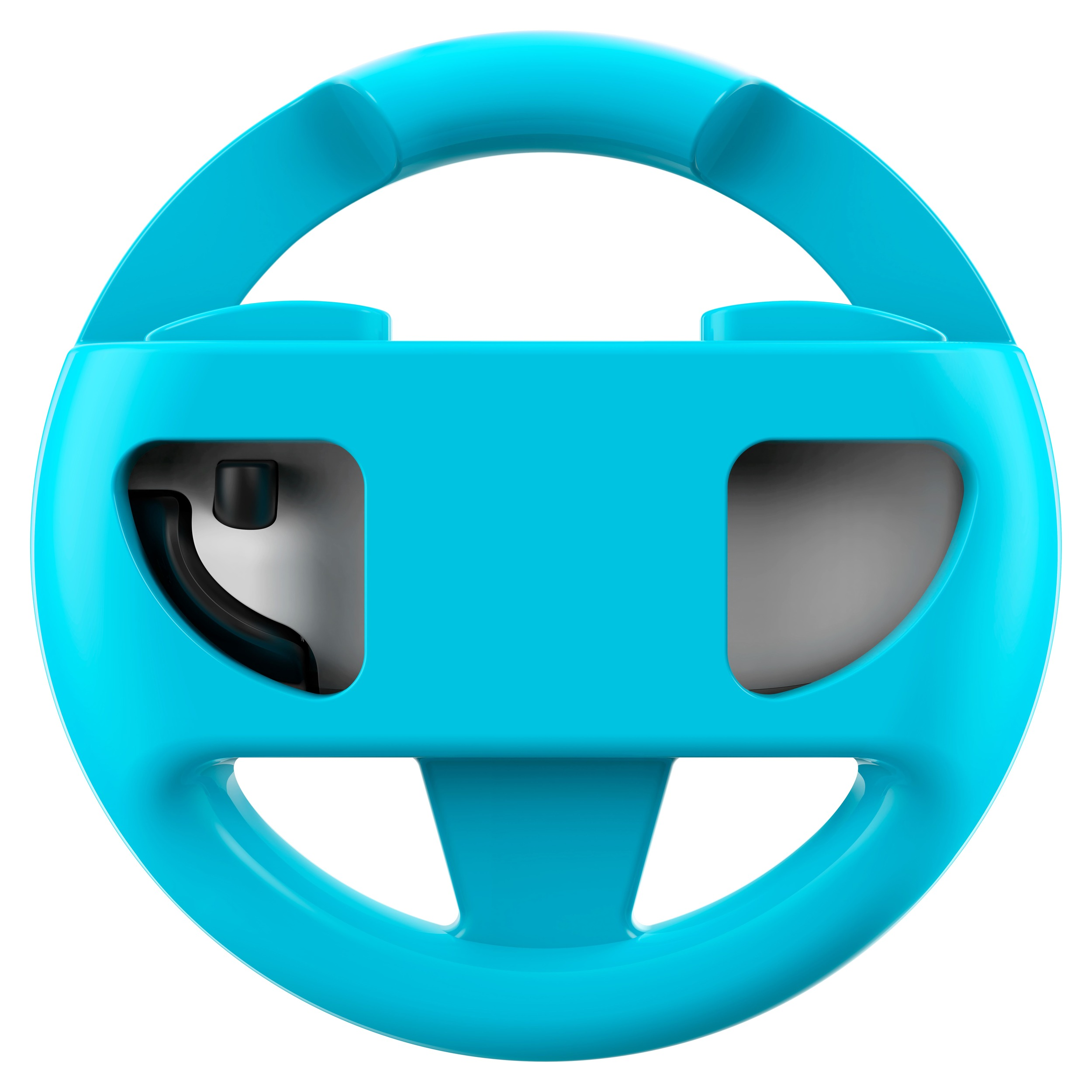 Un volante azul para consola de juegos, con diseño redondeado y zona de botones central.