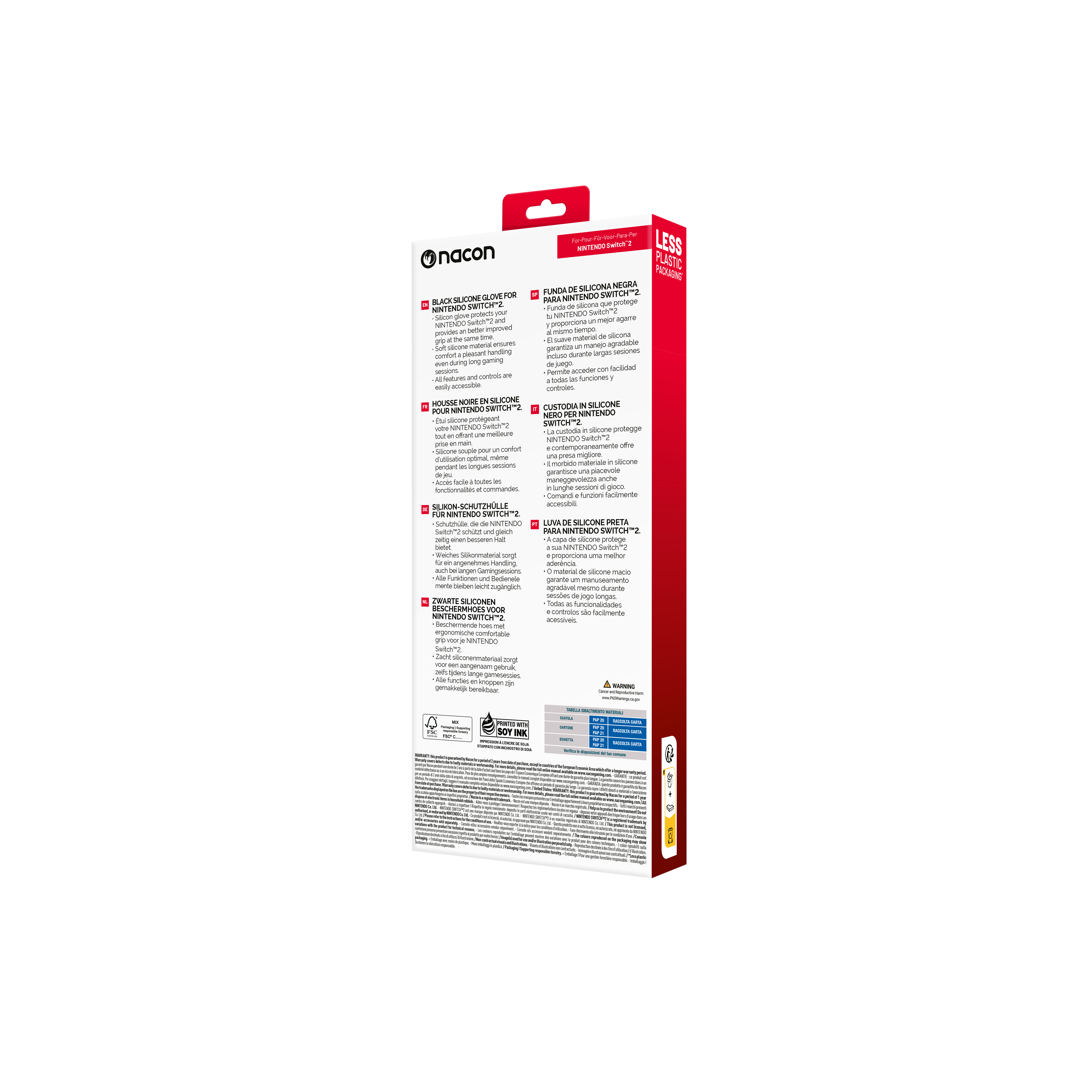 Scatola prodotto per Nintendo Switch 2, testo multilingue e parte superiore rossa.