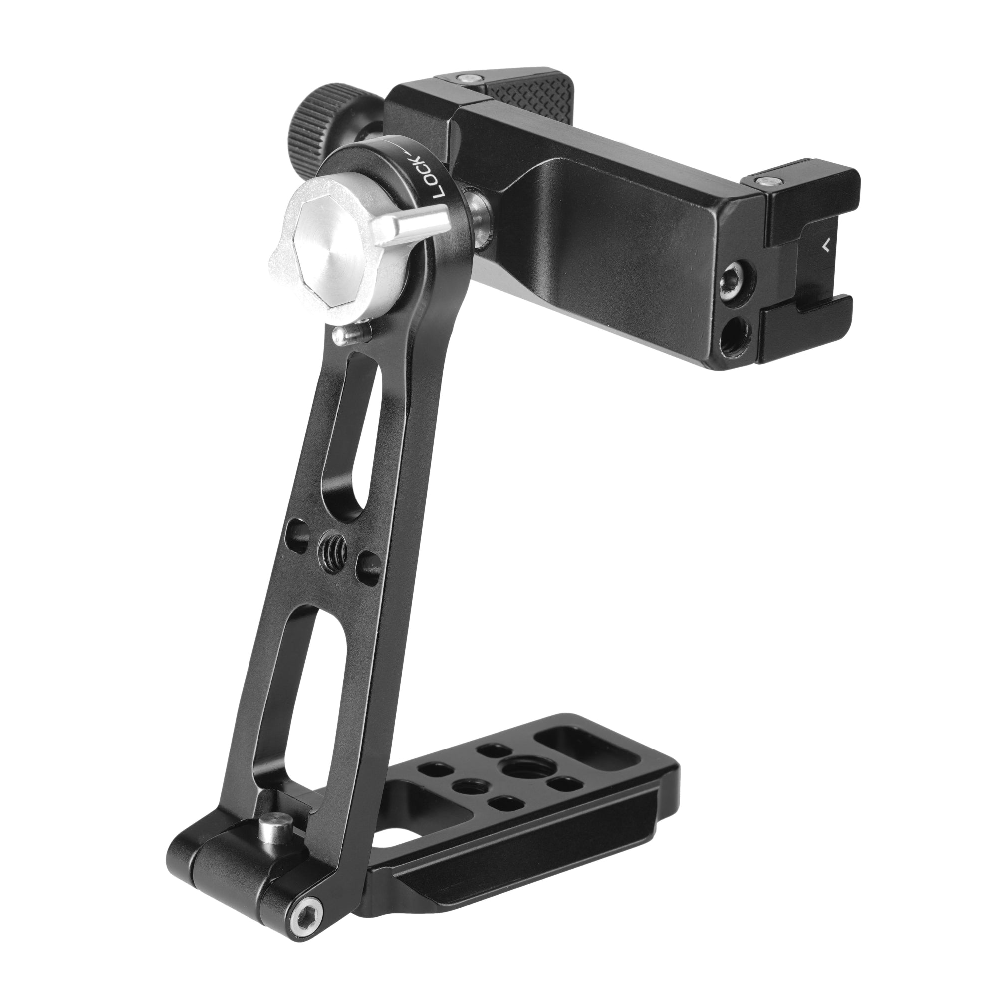 Soporte metálico negro para teléfono con juntas y tornillos ajustables, aislado sobre fondo blanco.