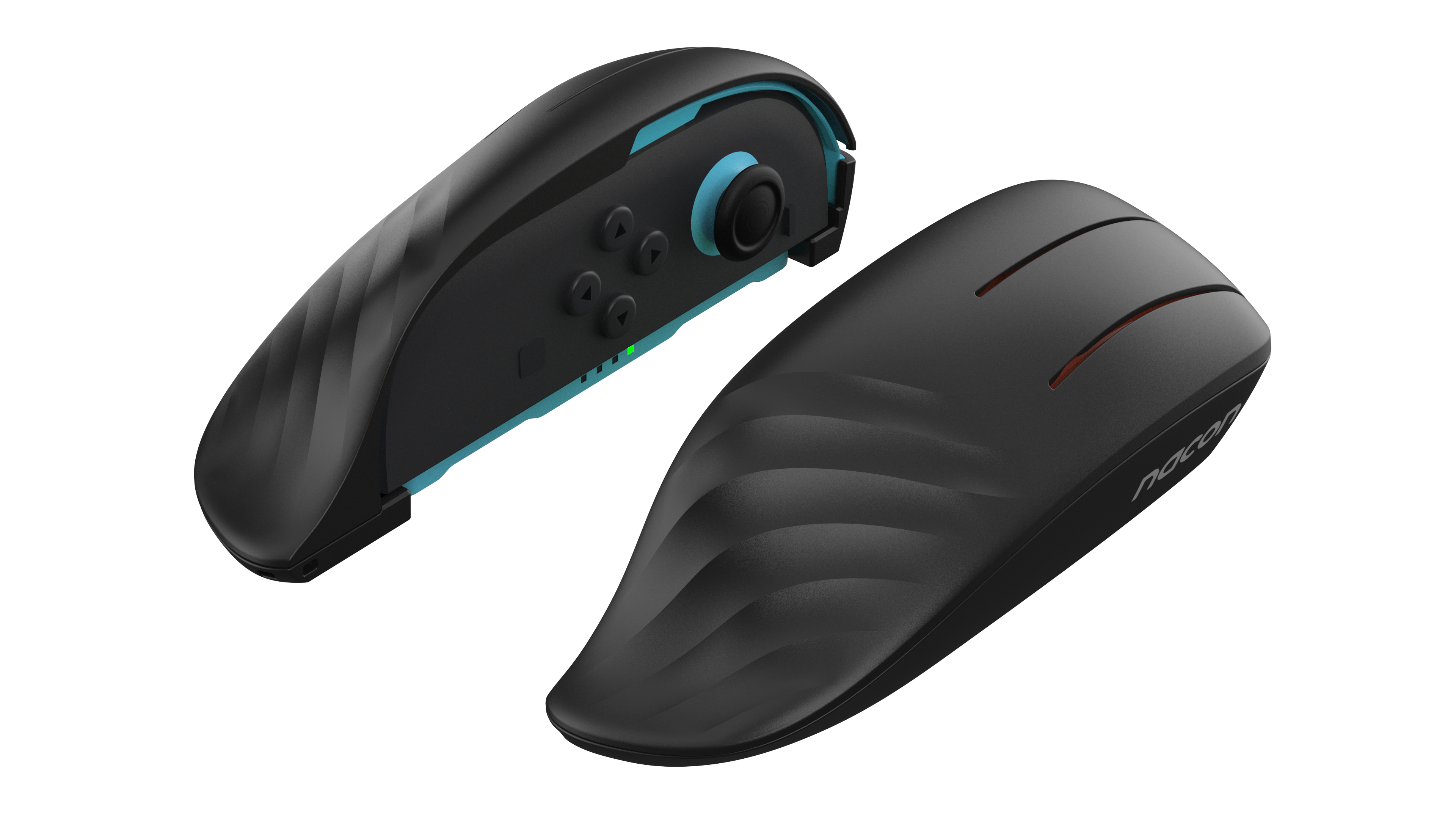 Zwei schwarze Gamecontroller mit blauen und roten Akzenten auf schwarzem Hintergrund. Ein Controller zeigt Knöpfe und einen Joystick.