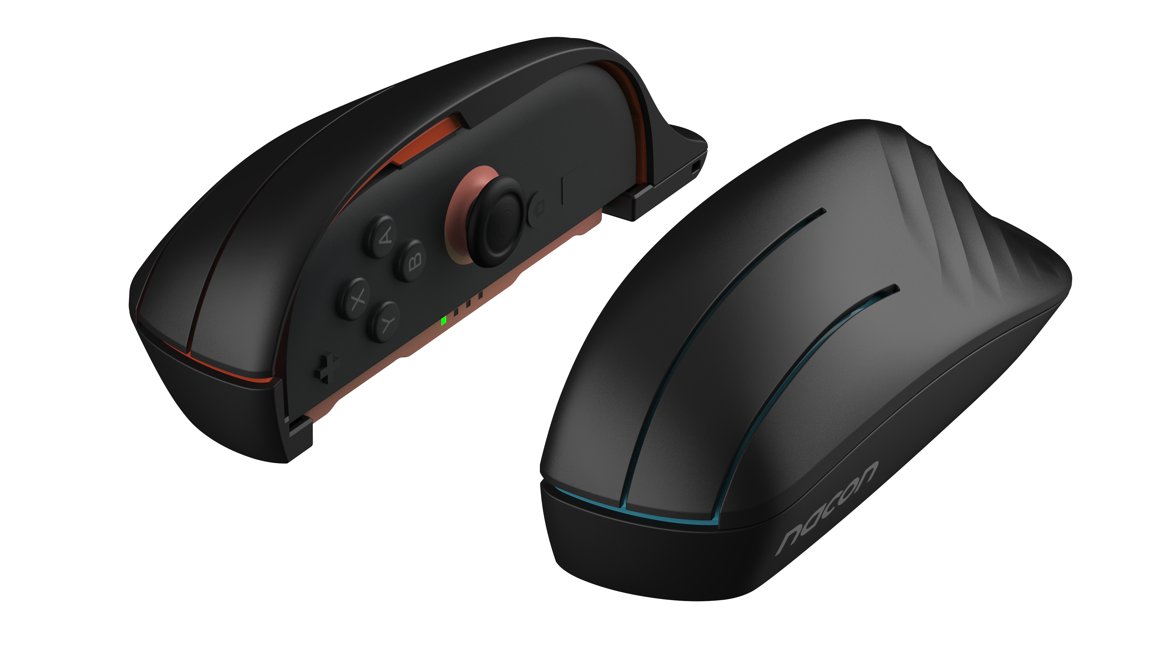 Zwei schwarze Gamecontroller-Griffe mit orangefarbenen und blauen Akzenten. Einer hat Knöpfe und einen Joystick, der andere ein Logo.
