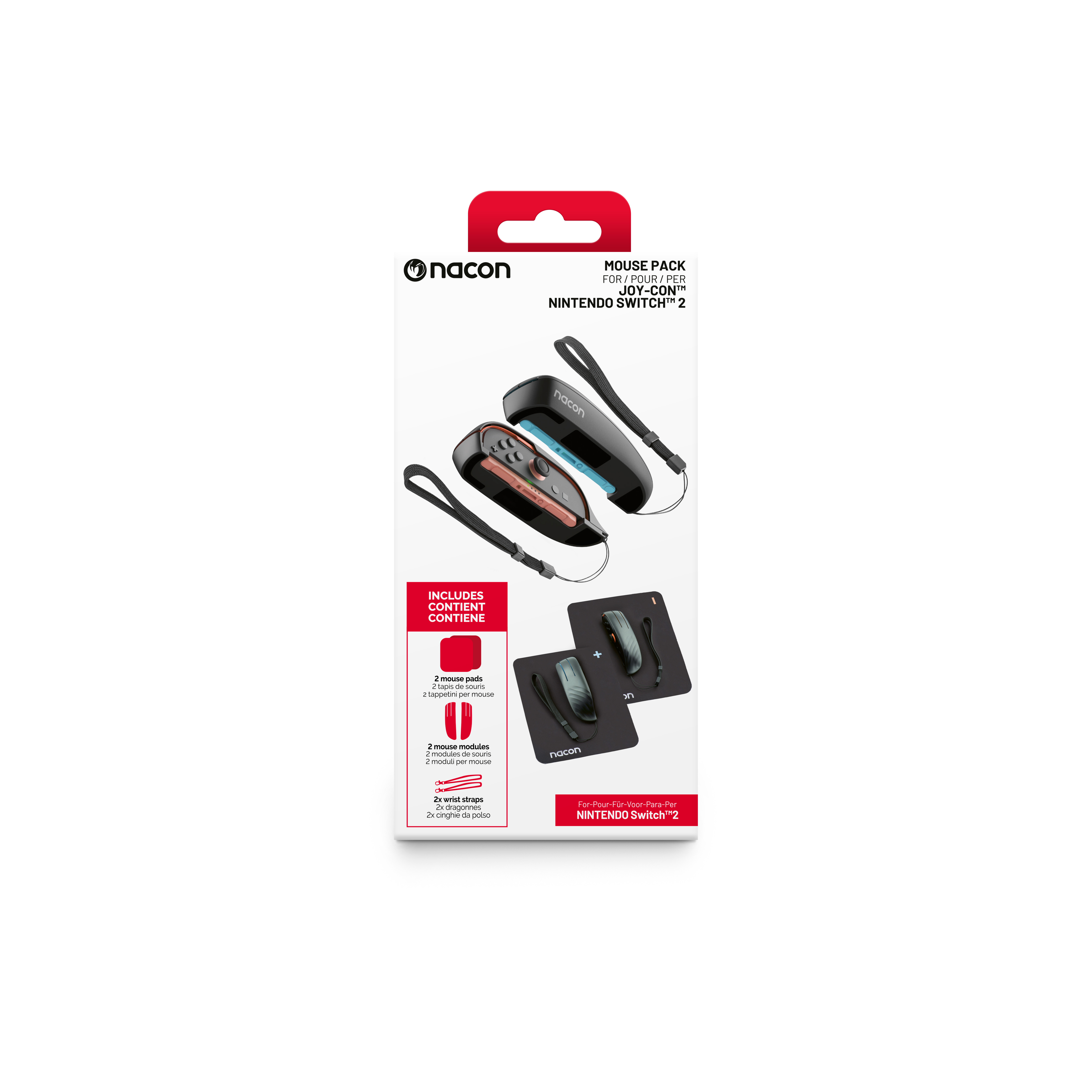 Eine Produktbox. Sie zeigt ein Nintendo Switch Maus-Pack mit Controllern, Mauspads und Handgelenkschlaufen. Die Marke ist Nacon.