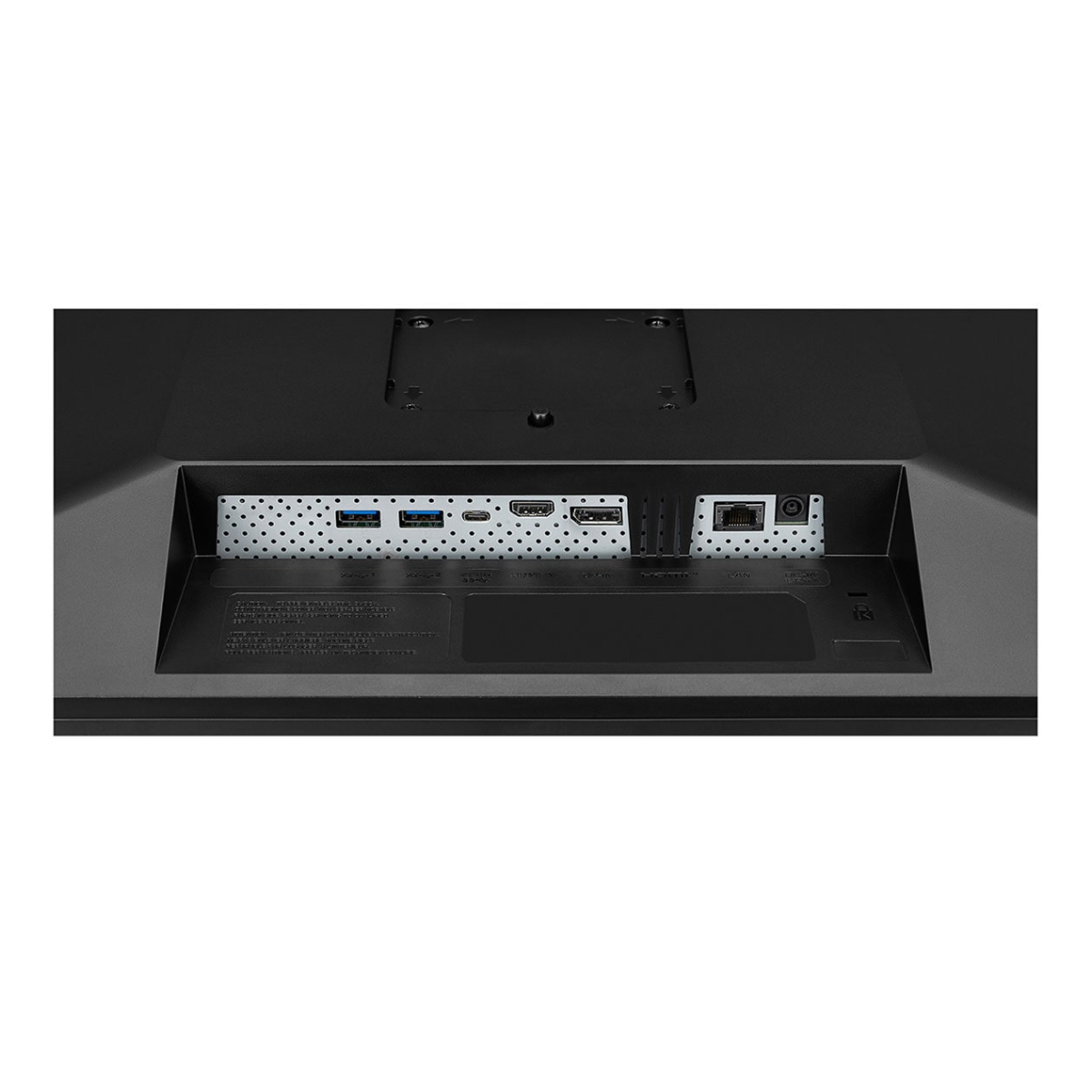 Widok z tyłu czarnego monitora. Porty obejmują USB, HDMI, Ethernet i zasilanie. Perforowana metalowa płyta mieści porty.