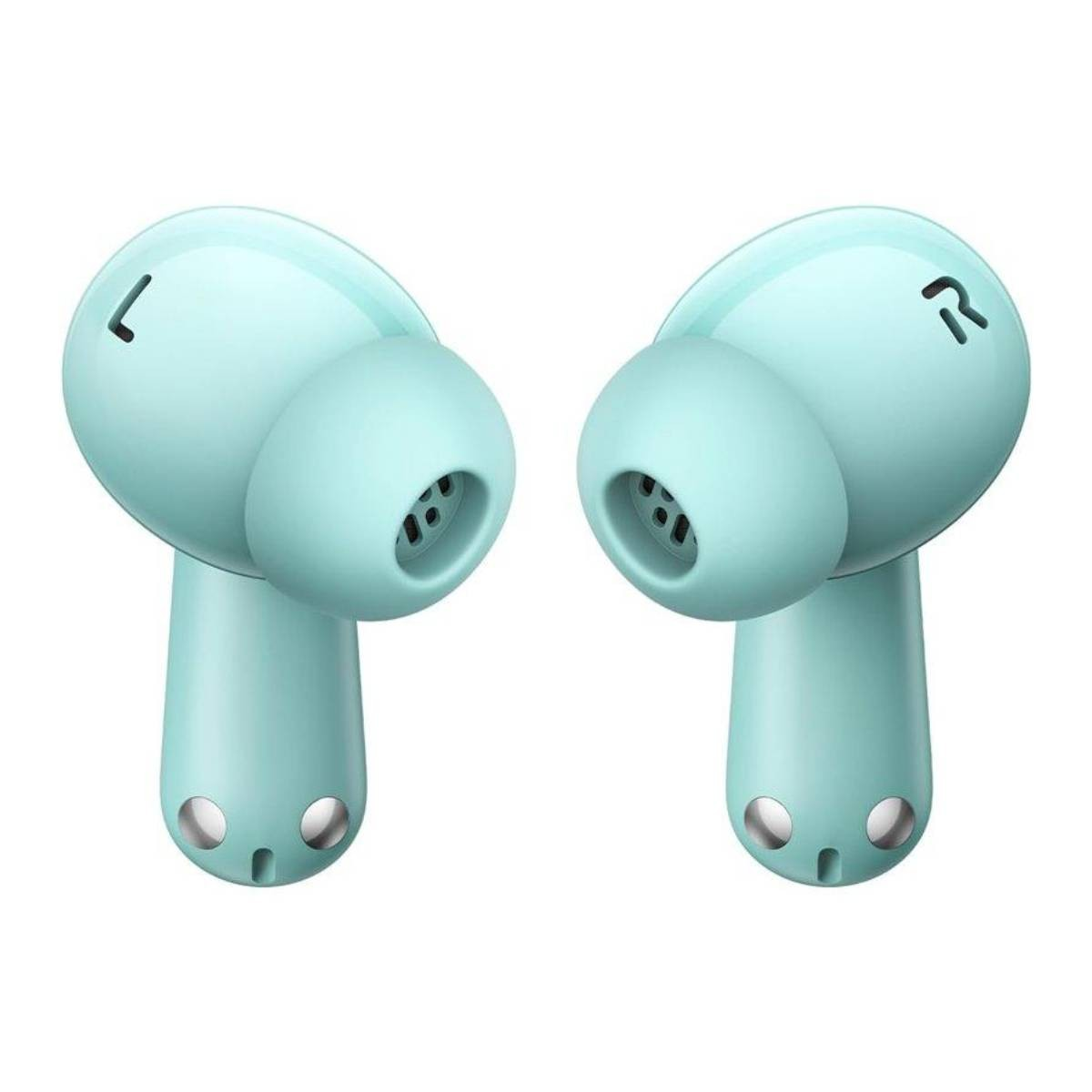 Due auricolari wireless color verde acqua. L'auricolare sinistro ha una 'L' e il destro un simbolo 'R'. Sono su sfondo bianco.