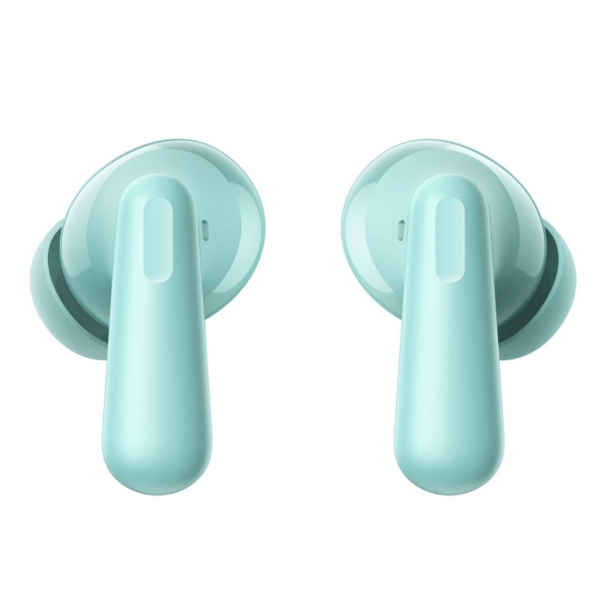 Due auricolari wireless color turchese isolati su sfondo bianco. Ognuno ha un bocciolo arrotondato e uno stelo più lungo e rettangolare.