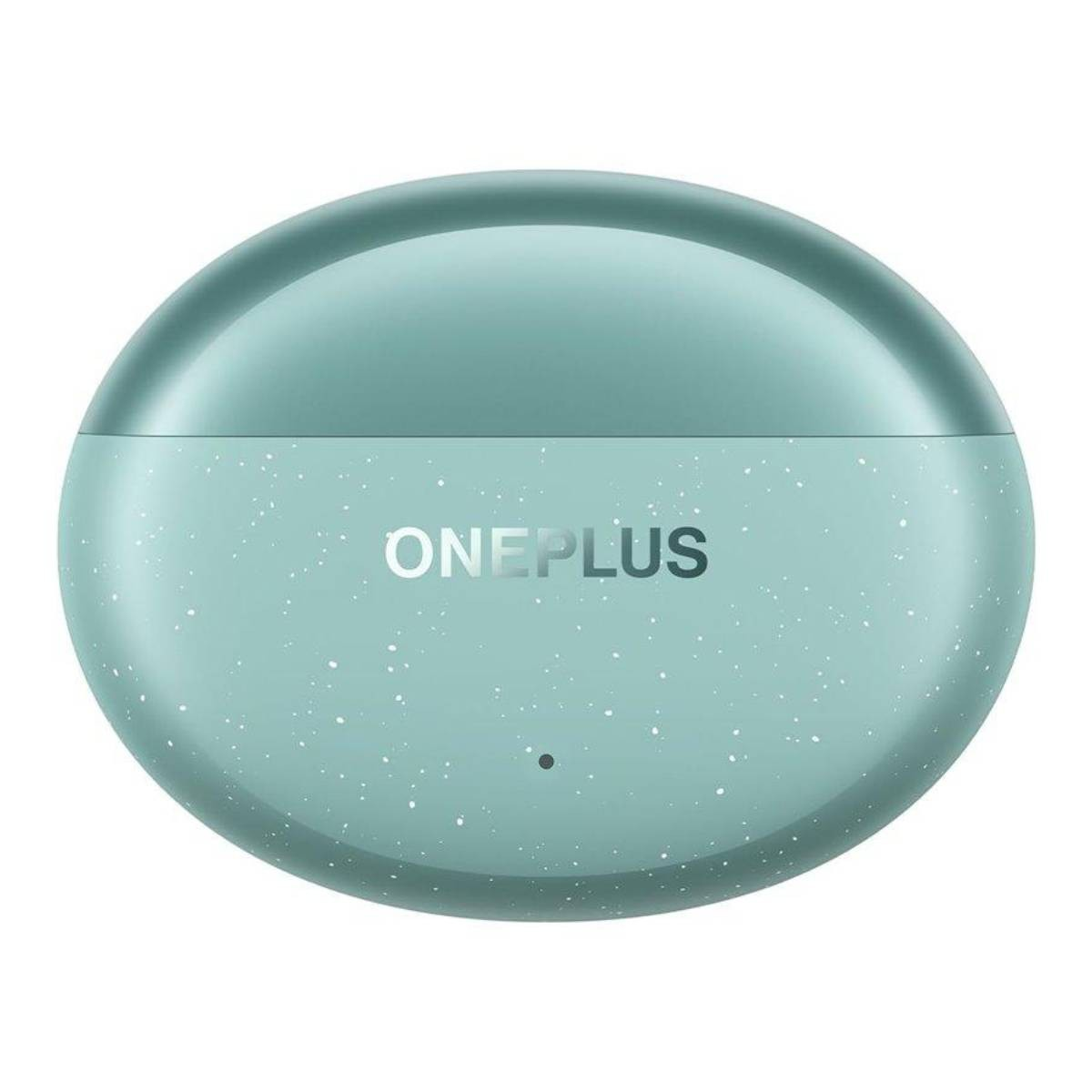 Una custodia per auricolari OnePlus color verde acqua. La custodia è ovale, con il nome del marchio in bianco. Ci sono macchie bianche sulla metà inferiore.