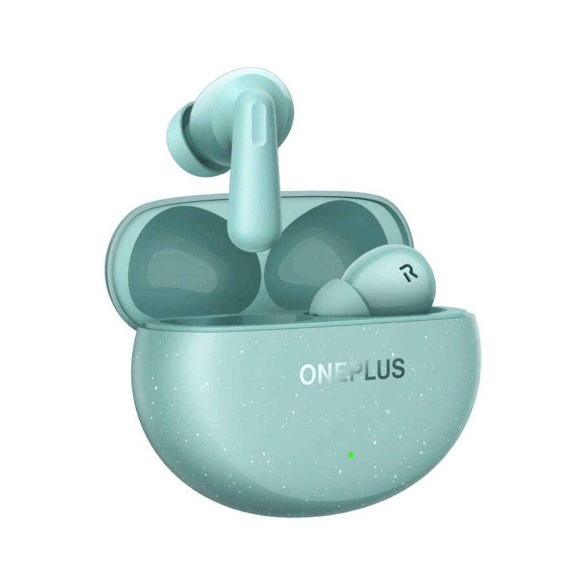 Una custodia per auricolari OnePlus verde acqua con due auricolari aperti. La custodia ha una trama maculata con il nome del marchio.