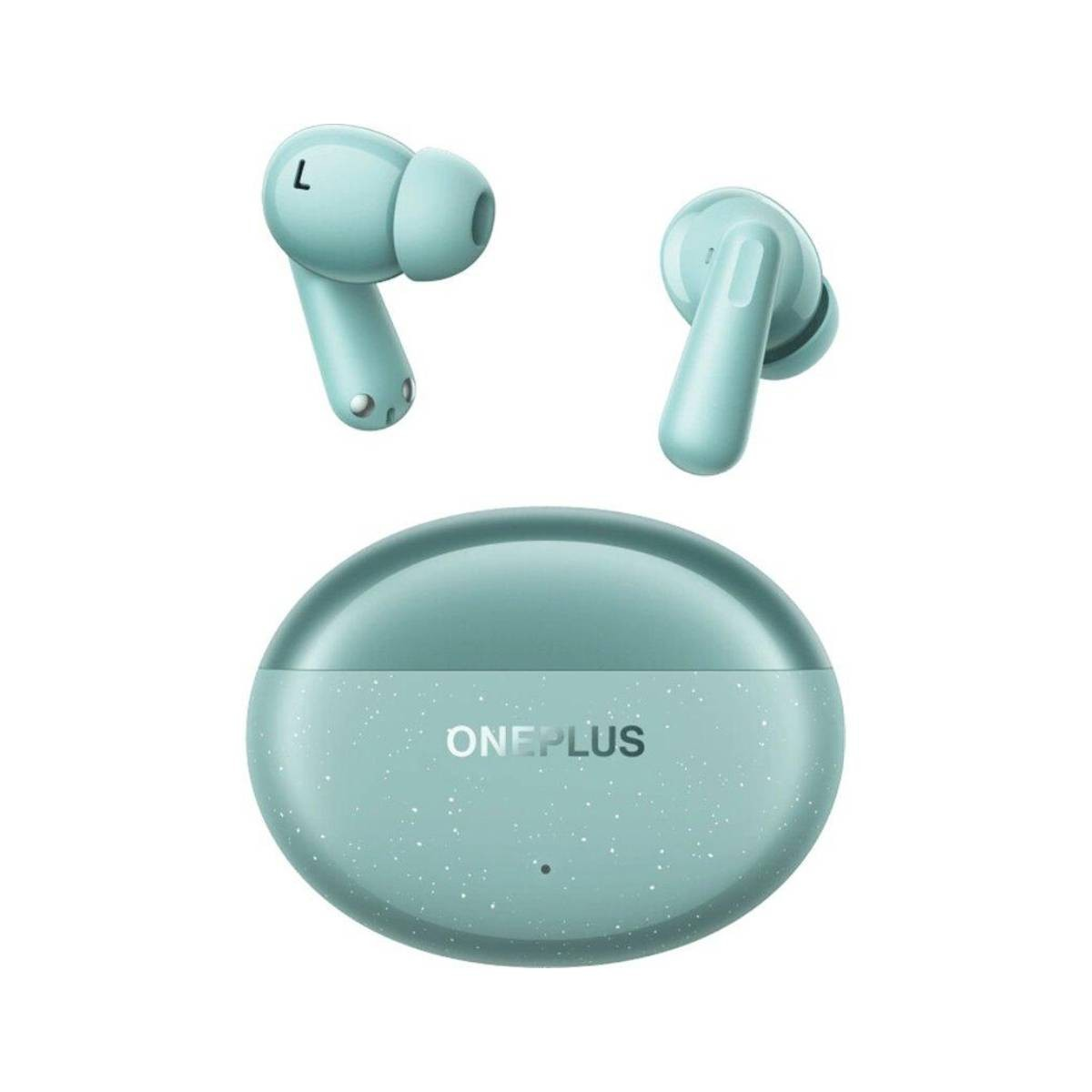 L'immagine mostra un set di auricolari OnePlus verde menta con custodia di ricarica. Sono visibili due auricolari e la custodia. La custodia ha il logo OnePlus.