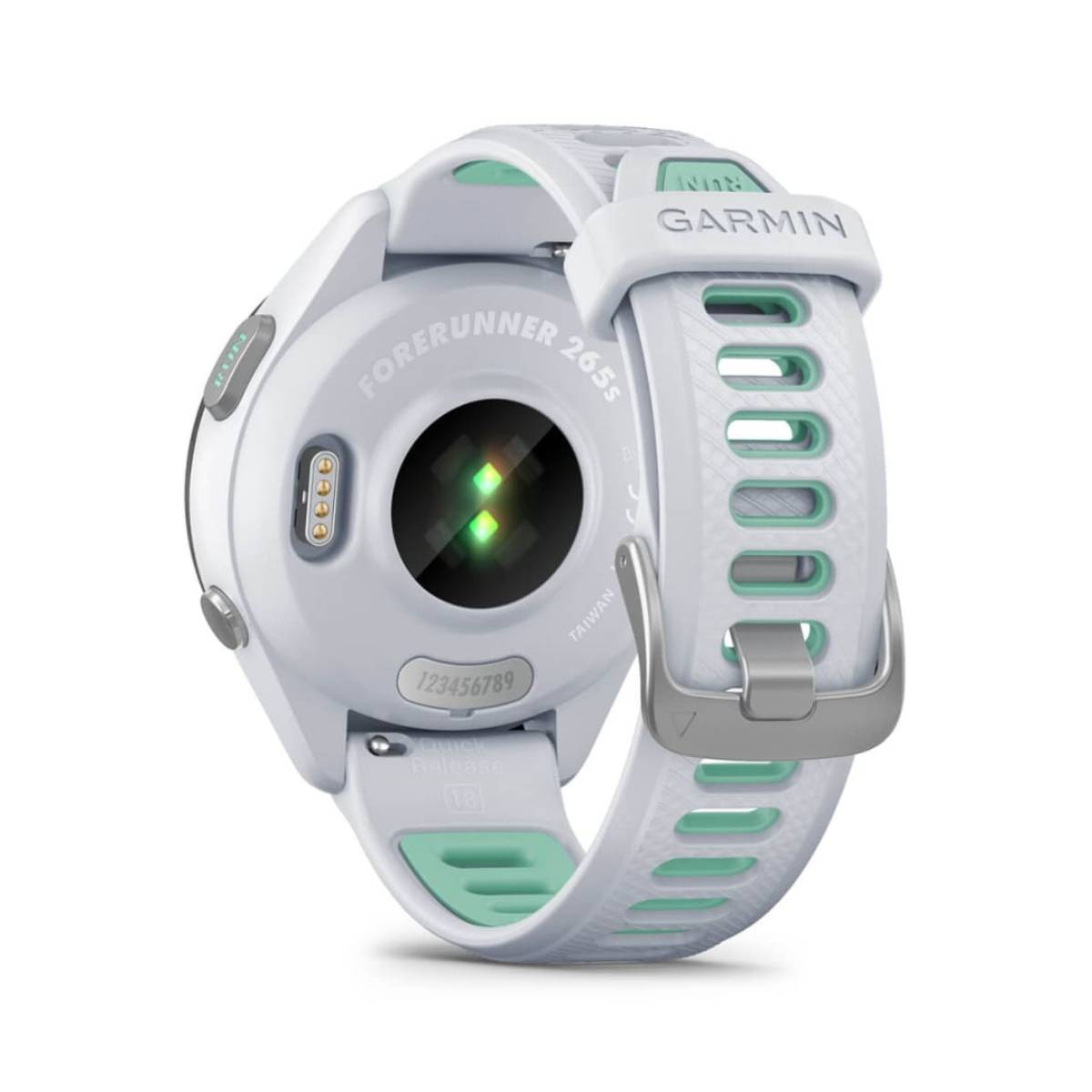 Biały zegarek Garmin Forerunner 265s. Ma miętowy zielony pasek. Z tyłu znajduje się czujnik tętna i widoczne logo Garmin.