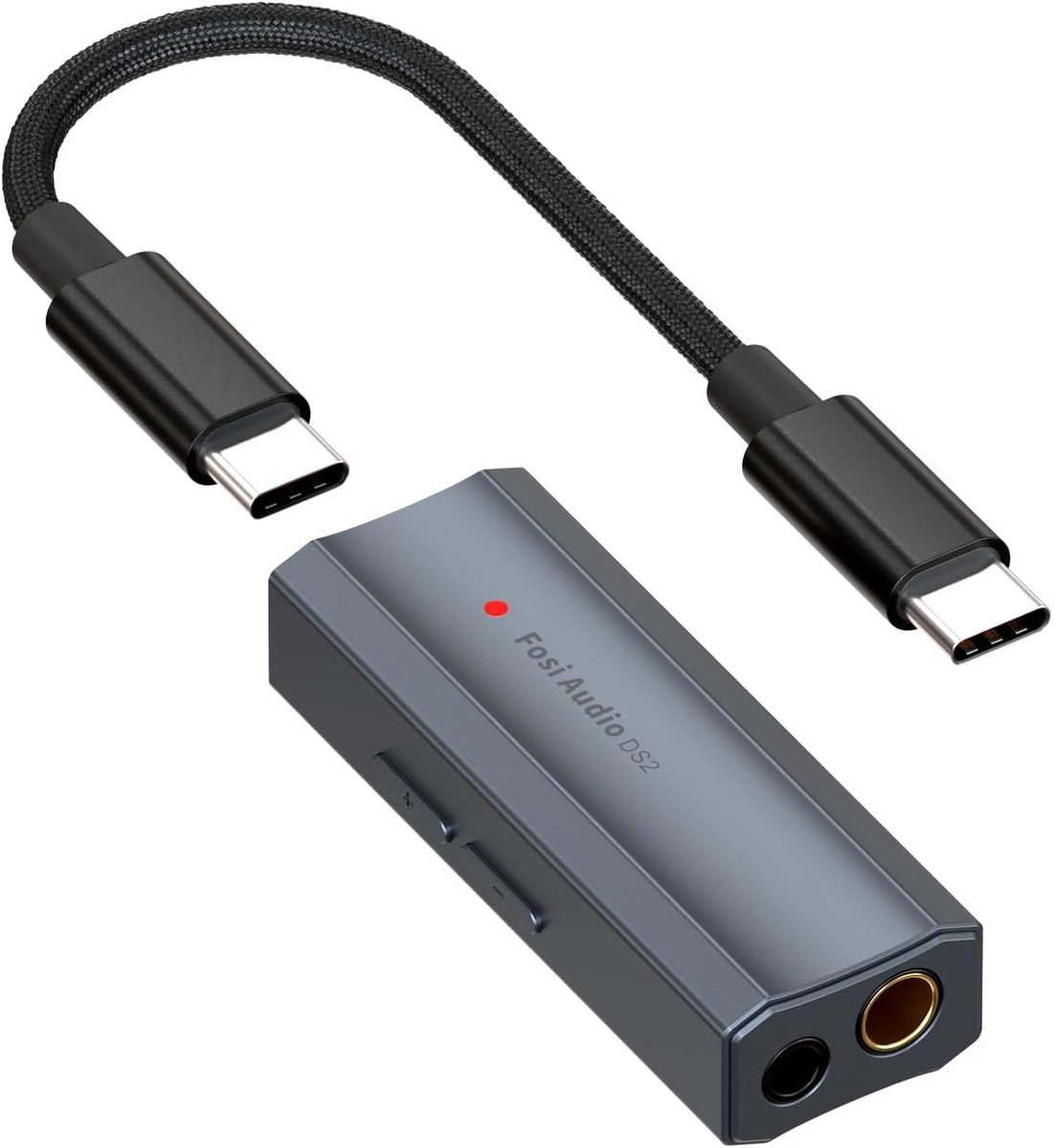 Un appareil gris Fosi Audio DS2 avec une lumière rouge, deux câbles USB-C et des prises casque. Câble tressé noir.
