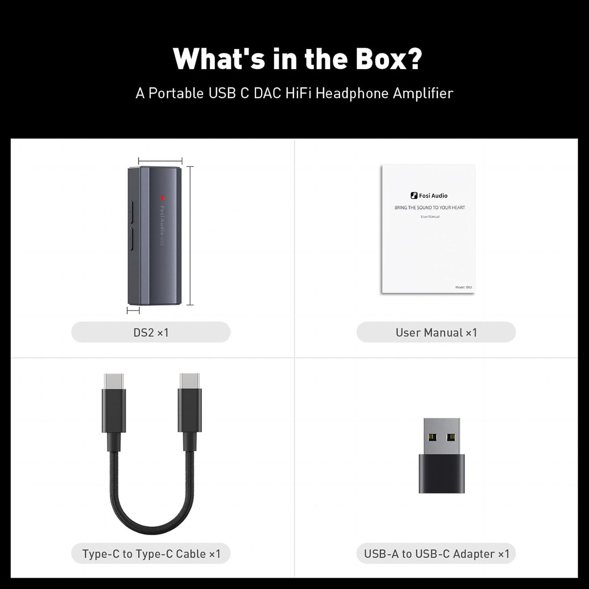 L'image montre un amplificateur DAC USB C portable. Comprend l'amplificateur, le manuel d'utilisation, un câble Type-C et un adaptateur USB-A vers USB-C.