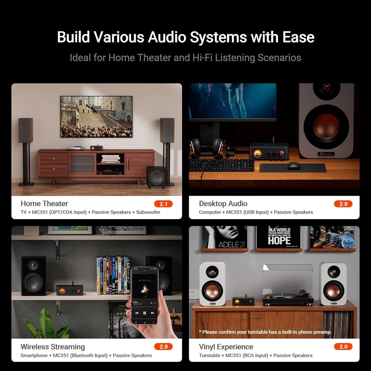 L'image montre des configurations de home cinéma, audio de bureau, streaming sans fil et expérience vinyle avec des haut-parleurs et du matériel audio.
