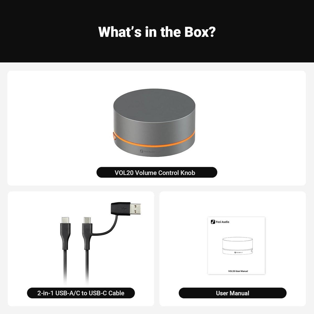 De afbeelding toont een volumeknop, een USB-kabel en een gebruikershandleiding op een witte achtergrond. De tekst luidt 'Wat zit er in de doos?'