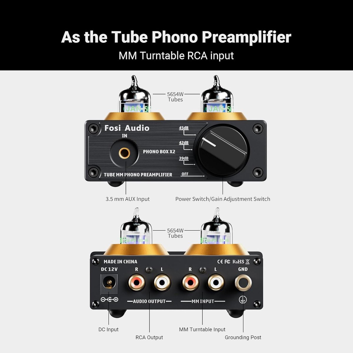 Préamplificateur audio noir avec tubes, boutons et entrées/sorties RCA. Étiquettes : 'Fosi Audio', 'MM Turntable' et 'Made in China'.