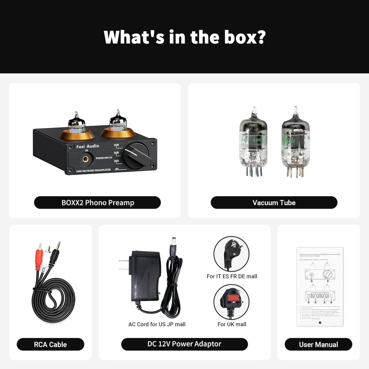 L'image montre des composants audio : un préampli, des tubes à vide, un câble RCA, un adaptateur secteur et un manuel d'utilisation.