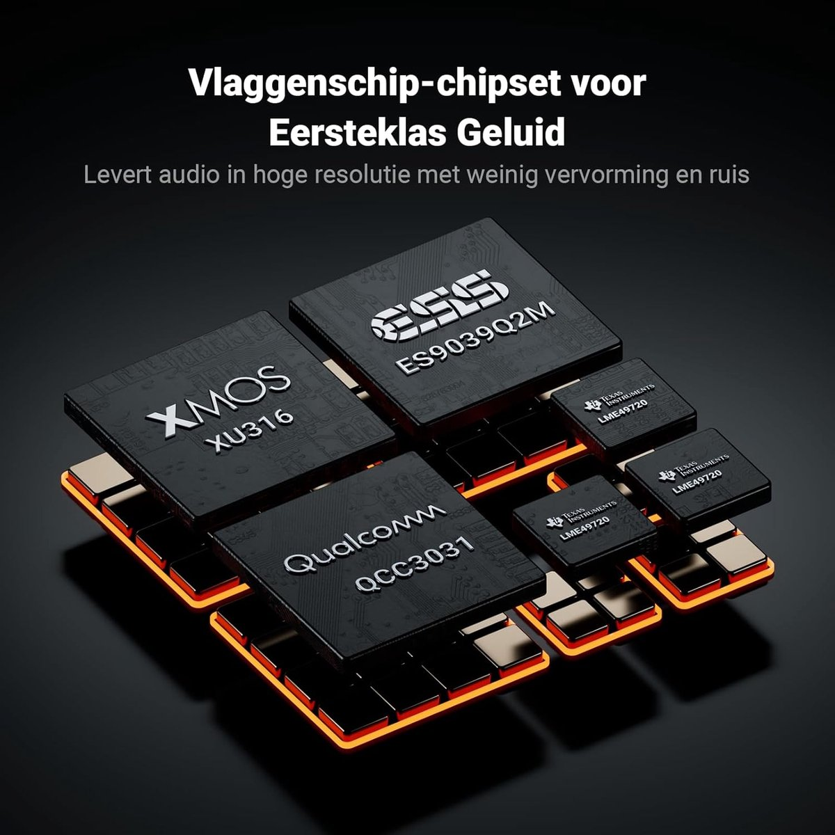 Afbeelding toont audiochips met merknamen als XMOS, ESS en Qualcomm. Tekst zegt 'audio met hoge resolutie'.