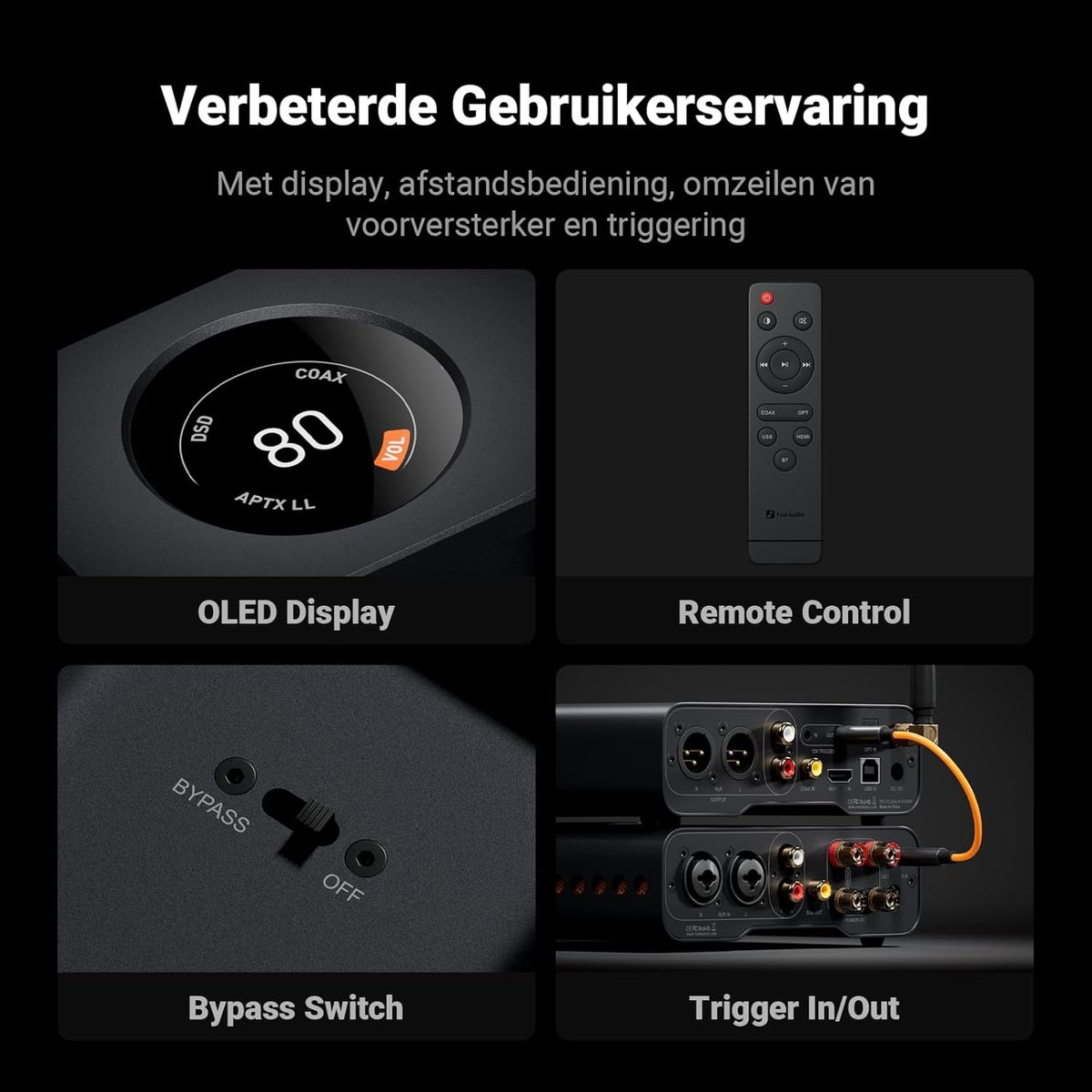 Afbeelding toont een OLED-display, afstandsbediening, bypass-schakelaar en trigger in/uit poorten. Alles maakt deel uit van een zwart audiosysteem.