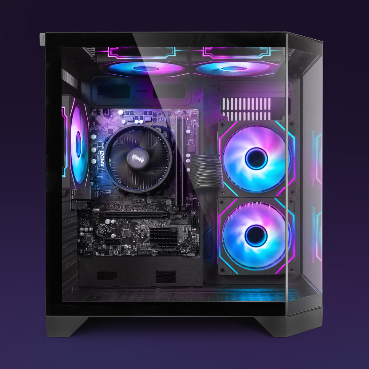 Una caja de computadora con componentes internos visibles. Incluye una placa base, un enfriador de CPU y ventiladores con luces LED coloridas.
