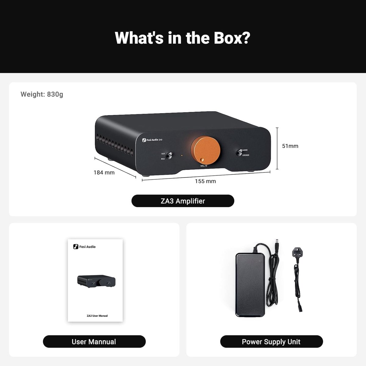 L'image montre un amplificateur ZA3 noir, un manuel d'utilisation et une alimentation. L'amplificateur a un bouton orange et des dimensions.