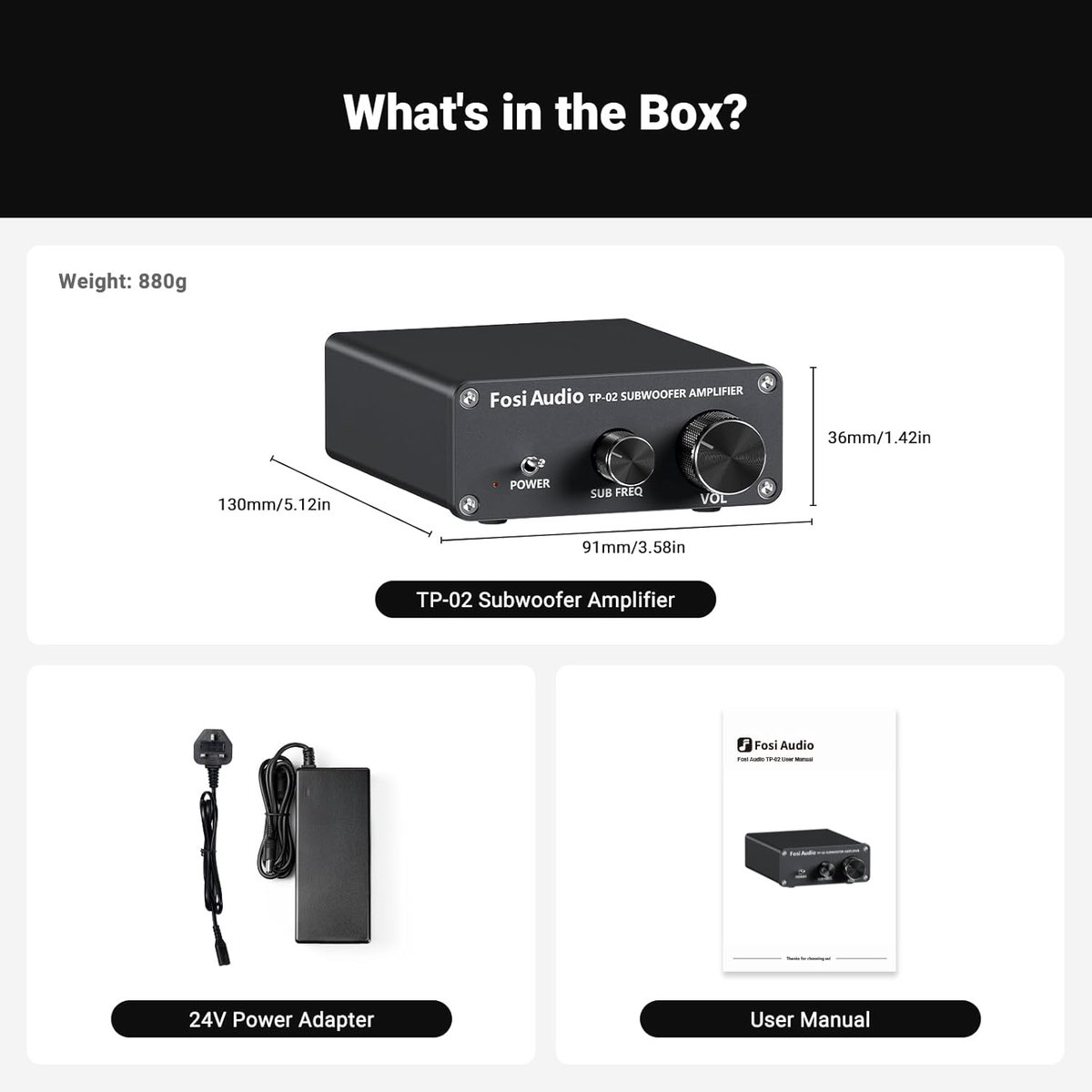 A black subwoofer amplifier with controls, a power adapter, and a user manual are displayed.