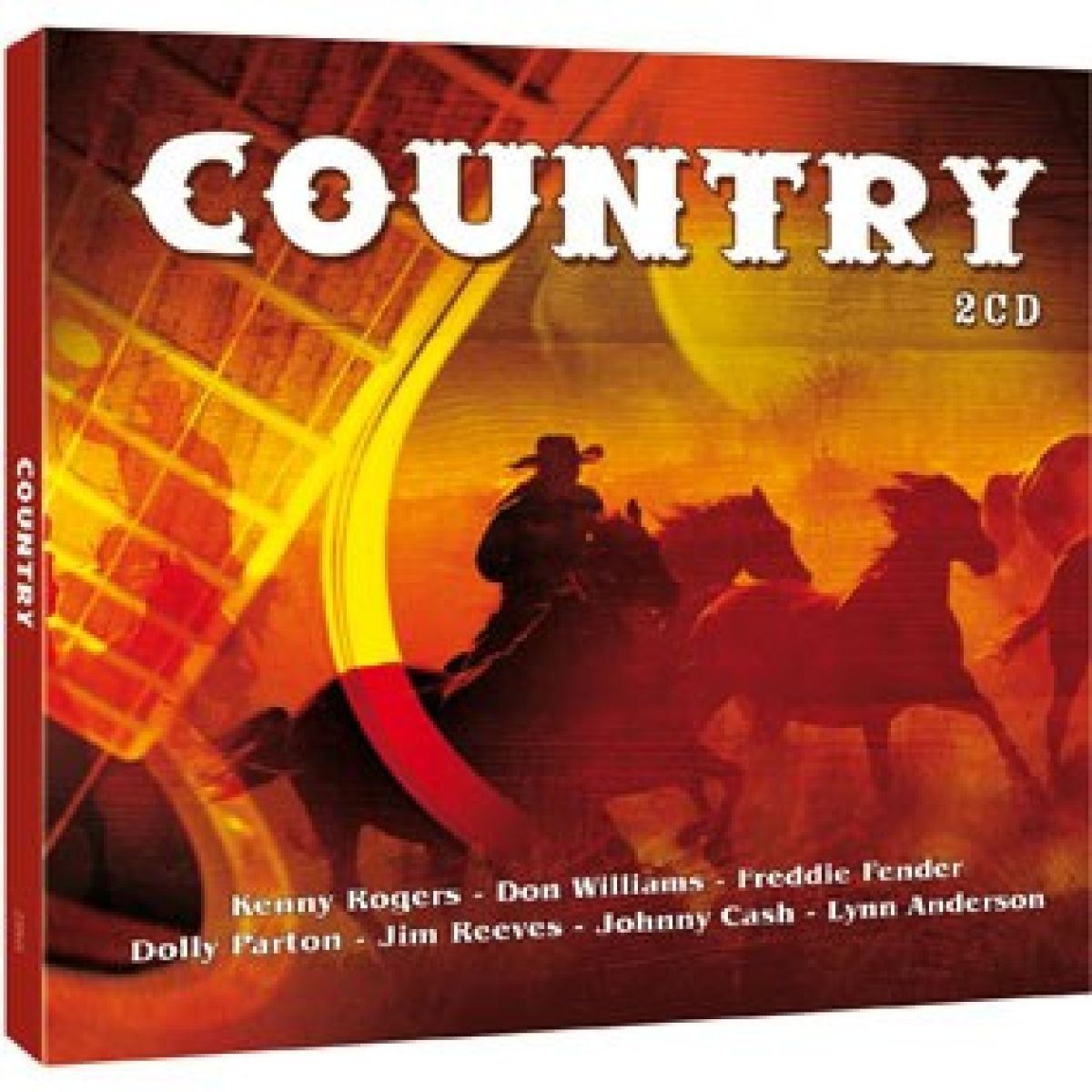 CD-hoes. Cowboy te paard, andere paarden rennen. Titel: COUNTRY. Artiesten: Kenny Rogers, Dolly Parton en Johnny Cash.